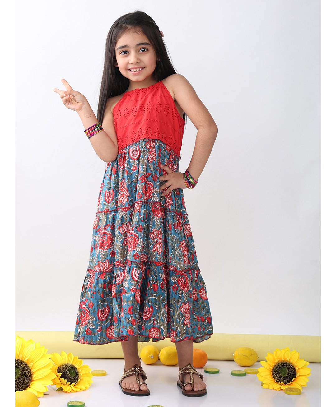 Kinder Kids Cotton Sleeveless Schiffli Embroidered & Floral Printed Dress - Blue & Red-image-1