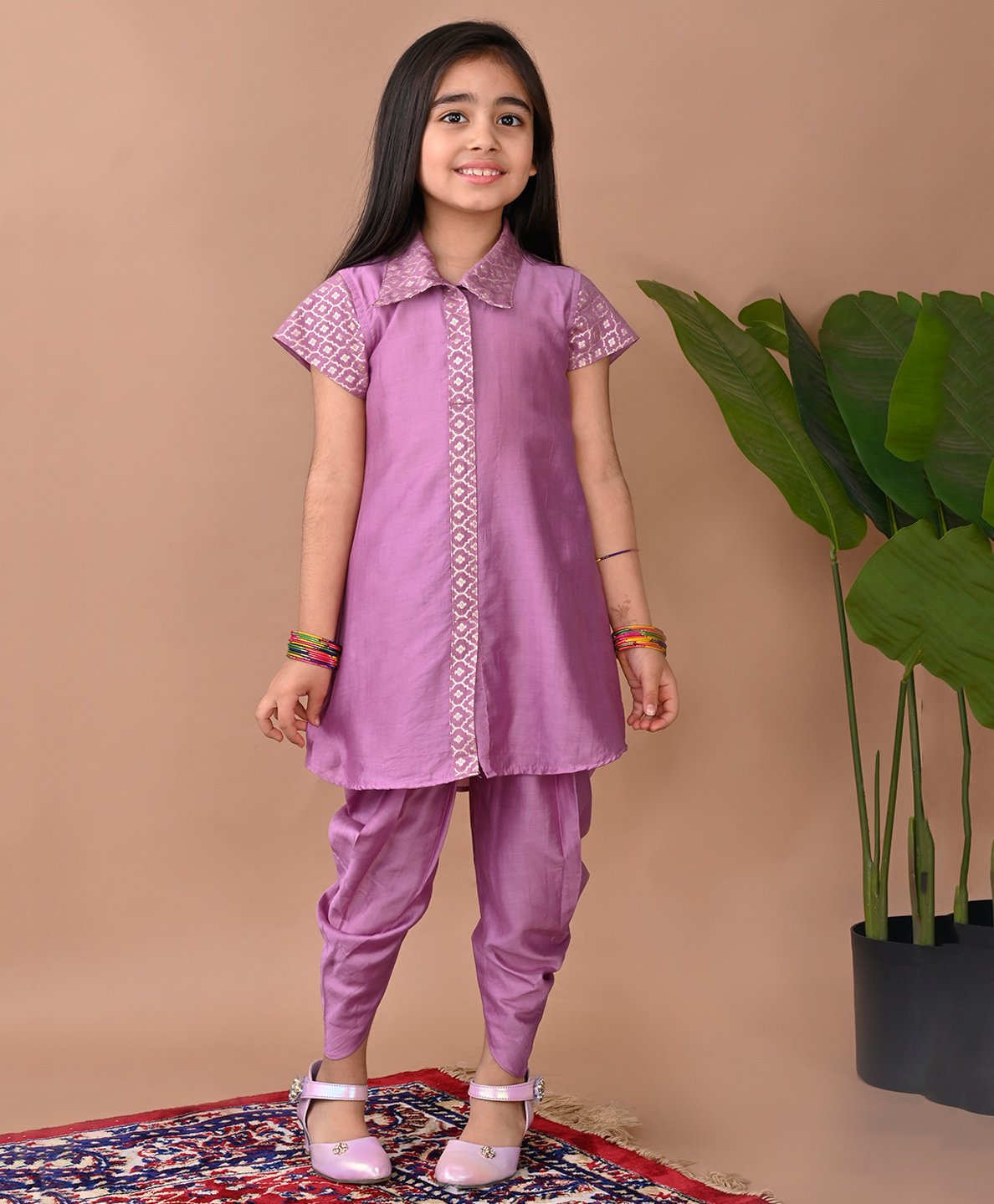 Kinder Kids Jacquard Half Sleeves Floral Foil Printed Shirt Style Kurta & Dhoti Set - Purple-picture-10
