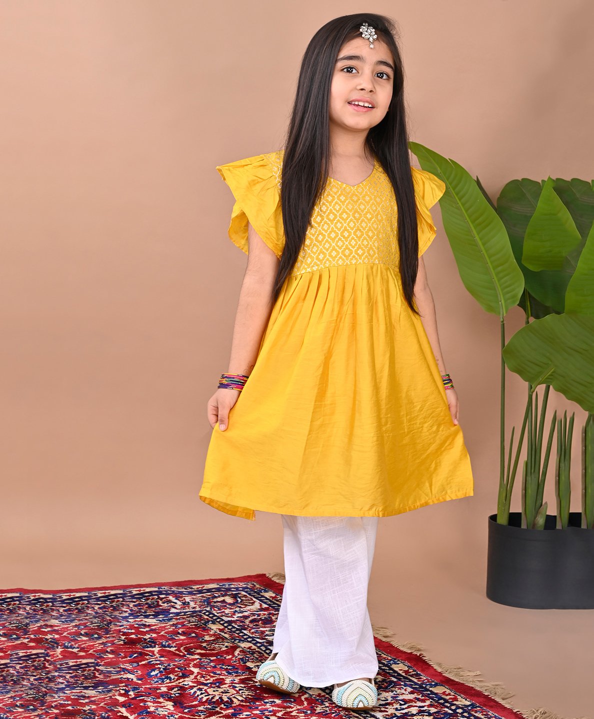 Kinder Kids Cotton Flutter Sleeves Floral Foil Printed Kurta With Palazzo Set - Yellow & White-picture-22