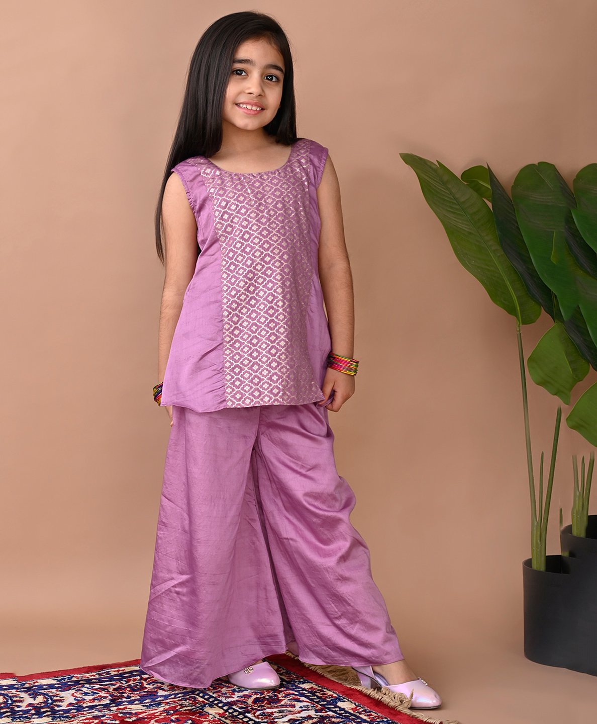 Kinder Kids Cotton Sleeveless Floral Foil Printed Kurta With Palazzo Set - Purple-image-7