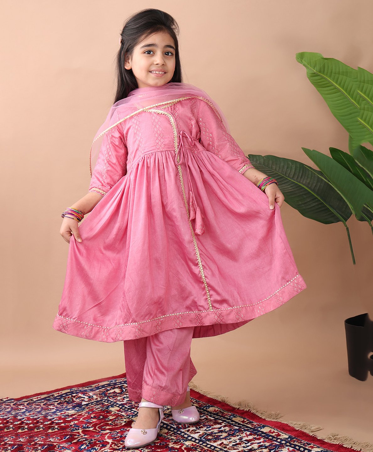 Kinder Kids Cotton Three Fourth Sleeves Abstract Embroidered & Lace Embellished Angrakha Kurta & Pant With Dupatta Set - Pink-image-33