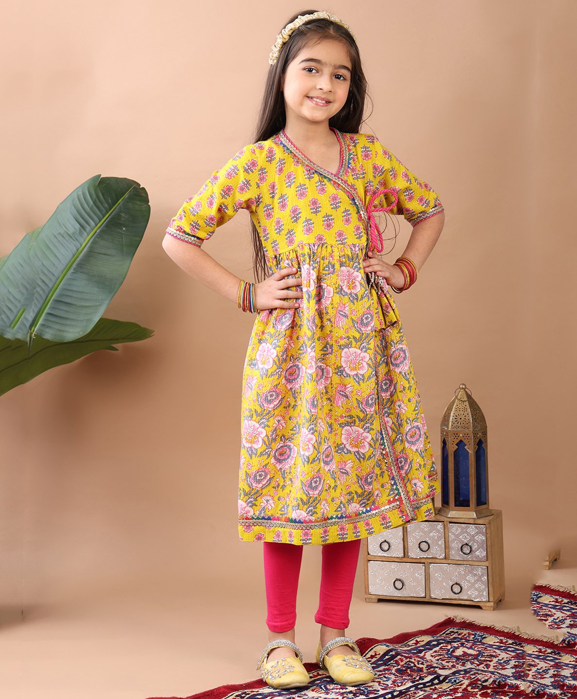 Kinder Kids Cotton Three Fourth Sleeves Floral Printed Kurta With Solid Leggings - Yellow & Pink-image-12