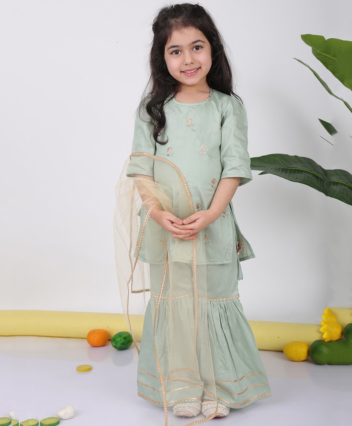 Kinder Kids Cotton Three Fourth Sleeves Floral Sequin Embellished & Embroidered Kurta With Sharara & Dupatta - Green-image-29