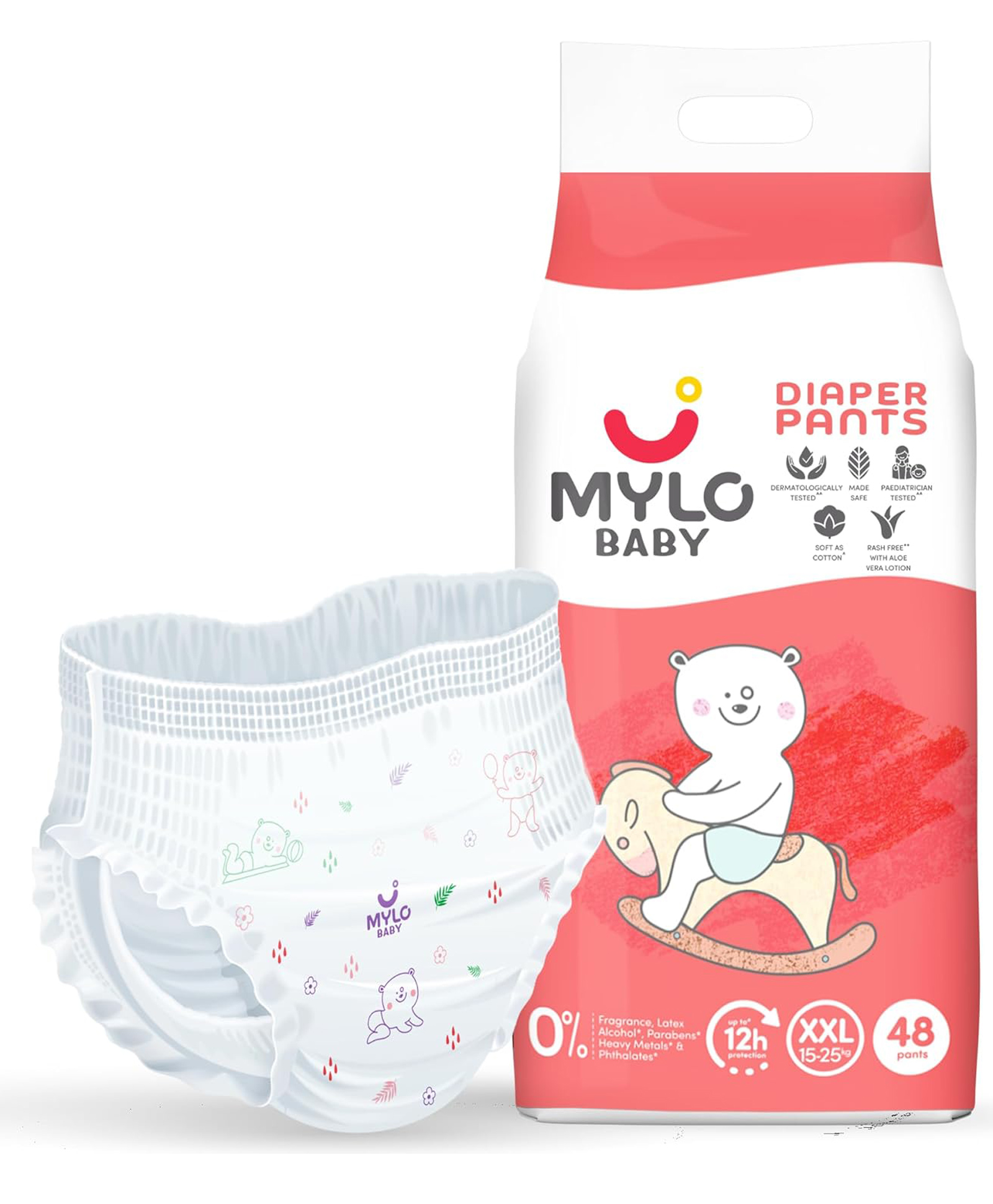 Mylo Baby Diaper Pants with Aloe Vera Lotion Leak Proof | Lightweight |12 Hours Protection (XXL, 48, count)-image-48