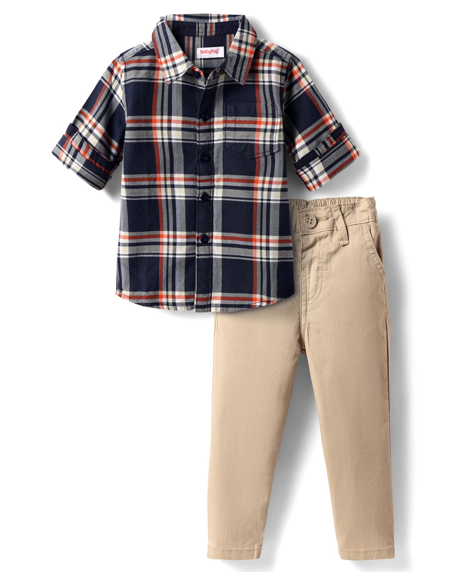 Babyhug Cotton Woven Full Sleeves Checks Shirt & Trouser Set - Navy Blue & Beige-image-26