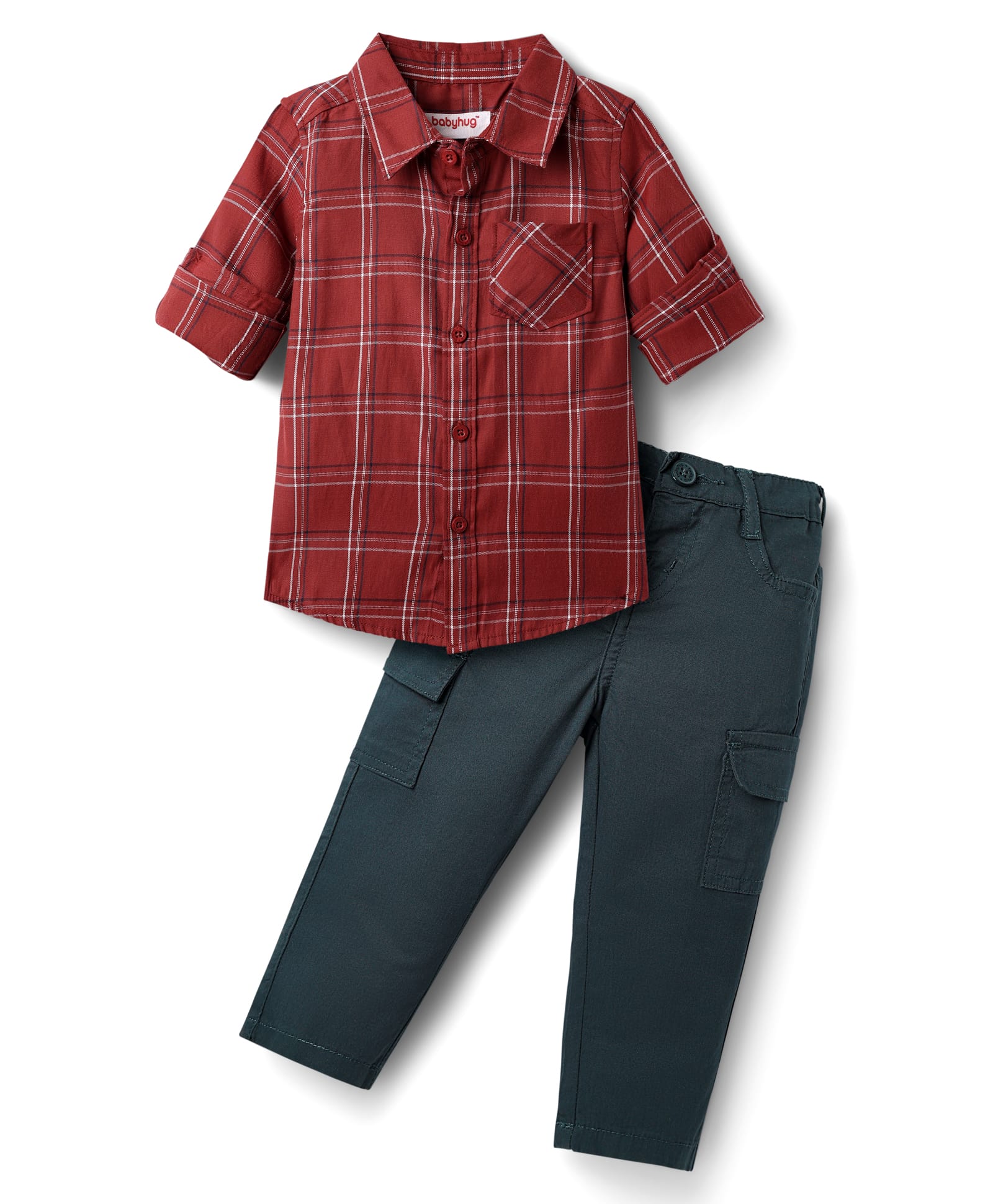 Babyhug Cotton WovenFull Sleeves Shirt & Trouser Set with Checks - Red & Blue-image-15