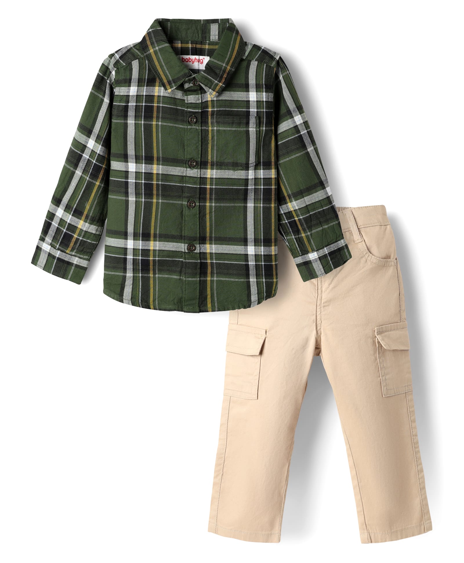 Babyhug Cotton Woven Full Sleeves Checks Shirt & Trouser Set - Dark Green & Beige-picture-21