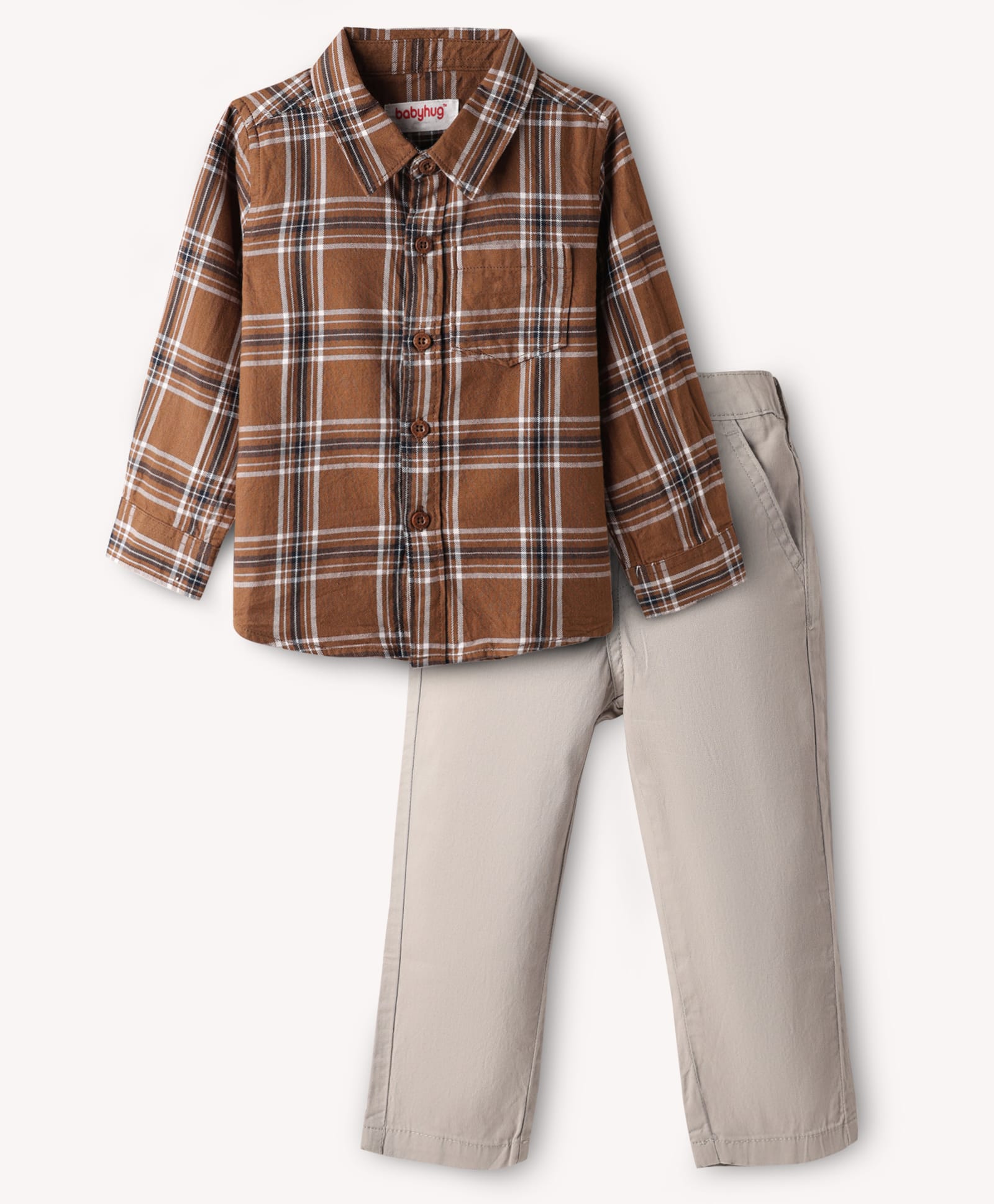Babyhug Cotton Woven Full Sleeves Checkered Shirt & Trouser Set - Brown & Beige-image-22