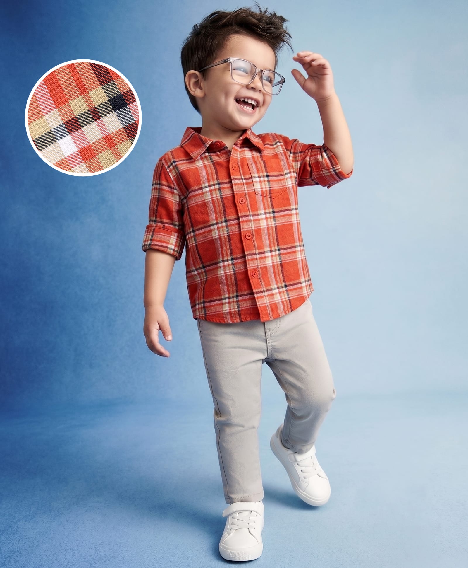Babyhug Cotton Woven Full Sleeves Shirt & Trouser Set with Checks - Orange & Beige-image-42