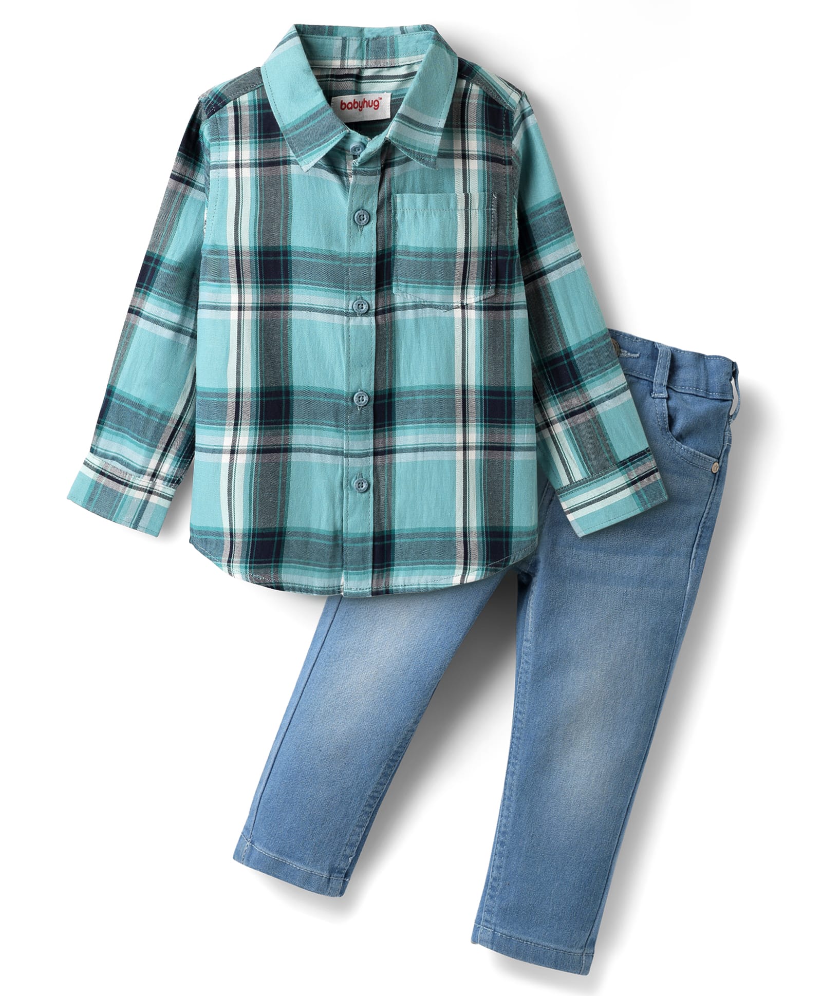 Babyhug Cotton Woven Full Sleeves Checks Shirt & Denim Jeans Set - Turquoise-picture-13