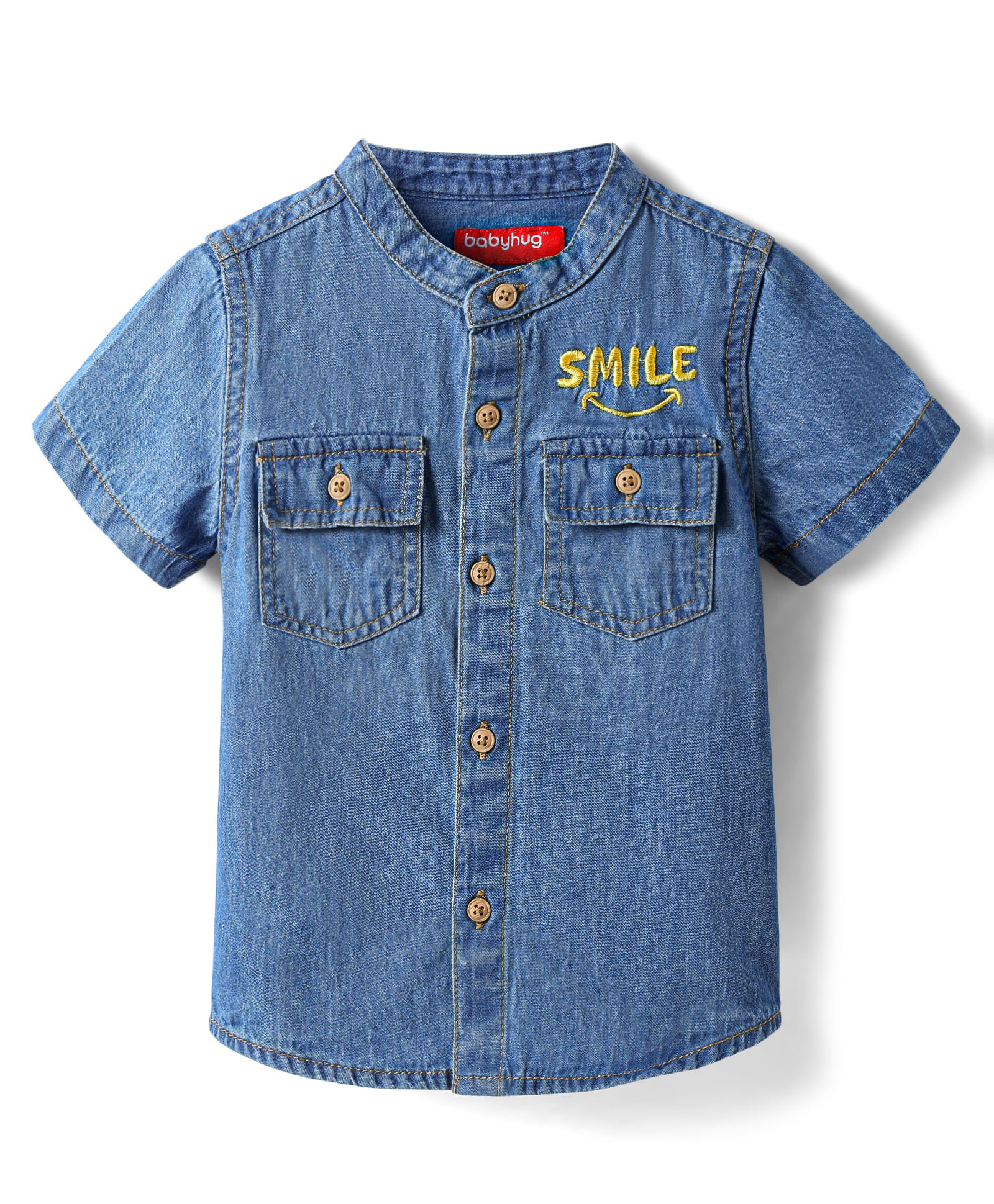 Babyhug Cotton Woven Half Sleeves Shirt with Smile Text Embroidery -Blue