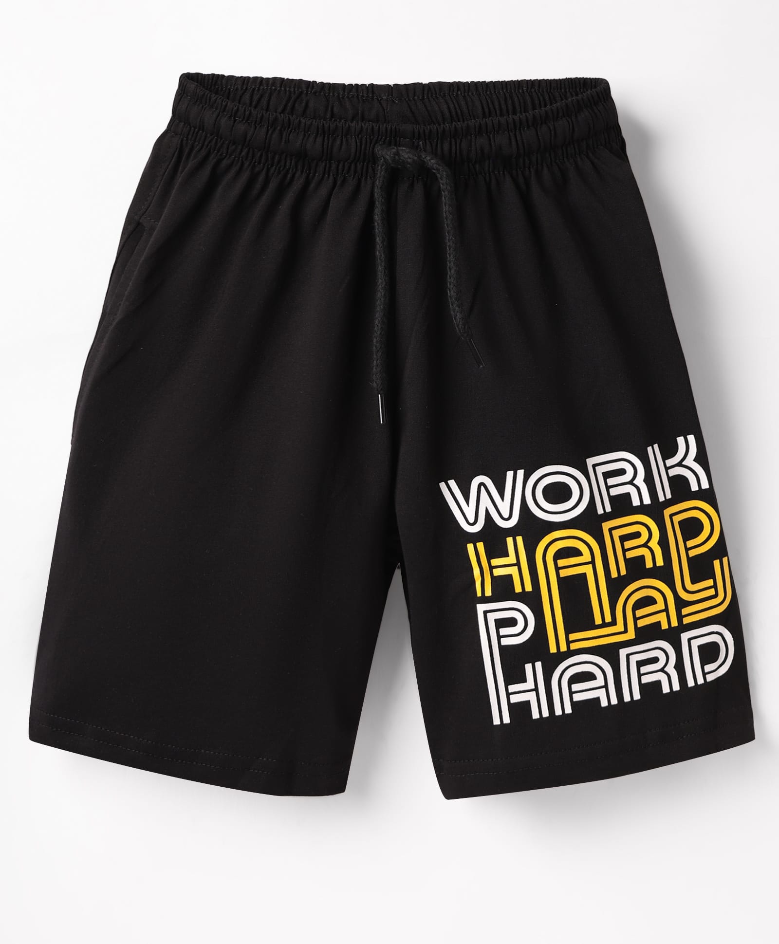 Taeko Single Jersey Knit Knee Length Shorts with Work Hard Play Hard Text Print - Black-picture-18