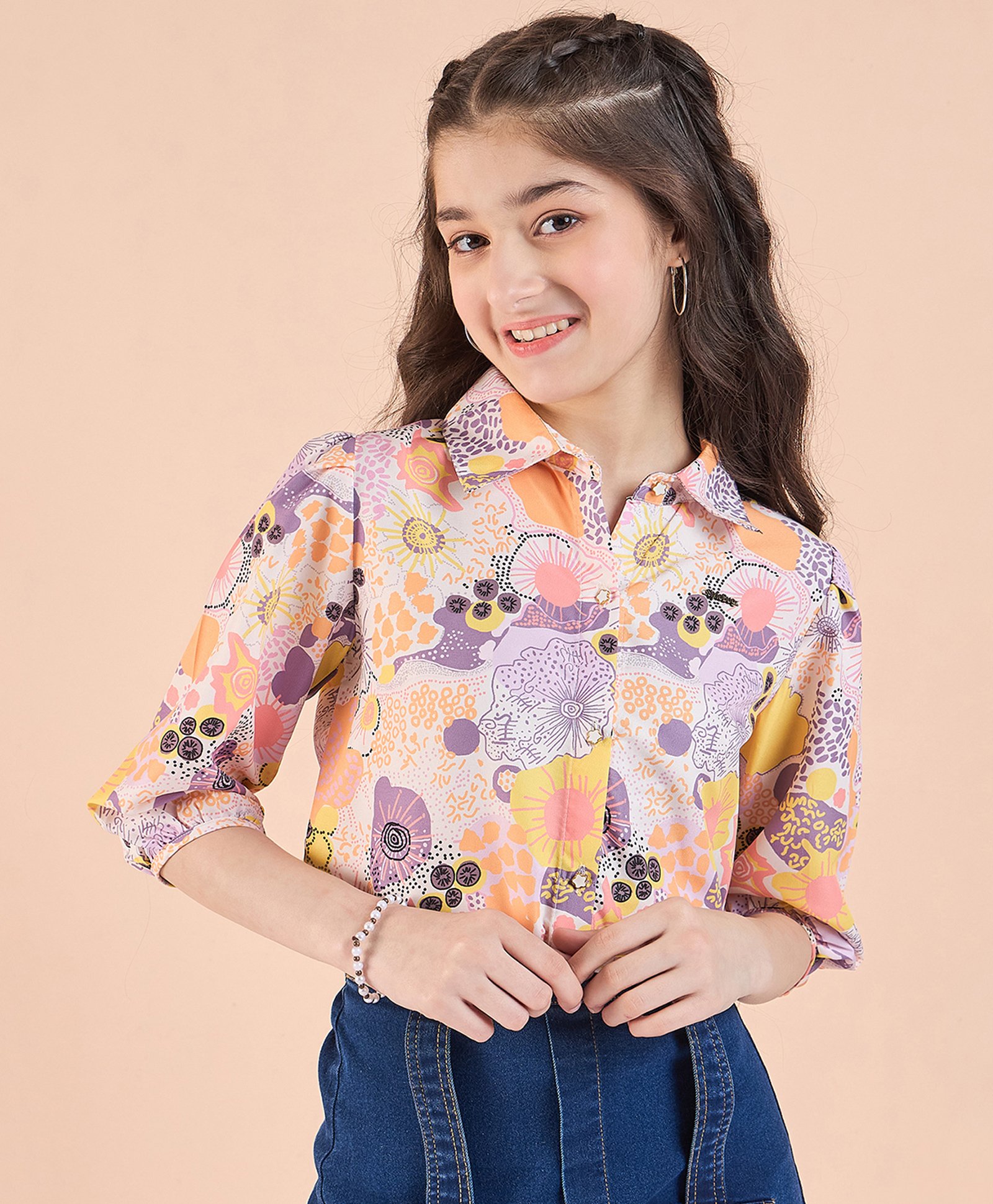 stylobug Stylo Bug Three Fourth Sleeves Abstract Printed Shirt Style Top - Multi Colour-picture-1