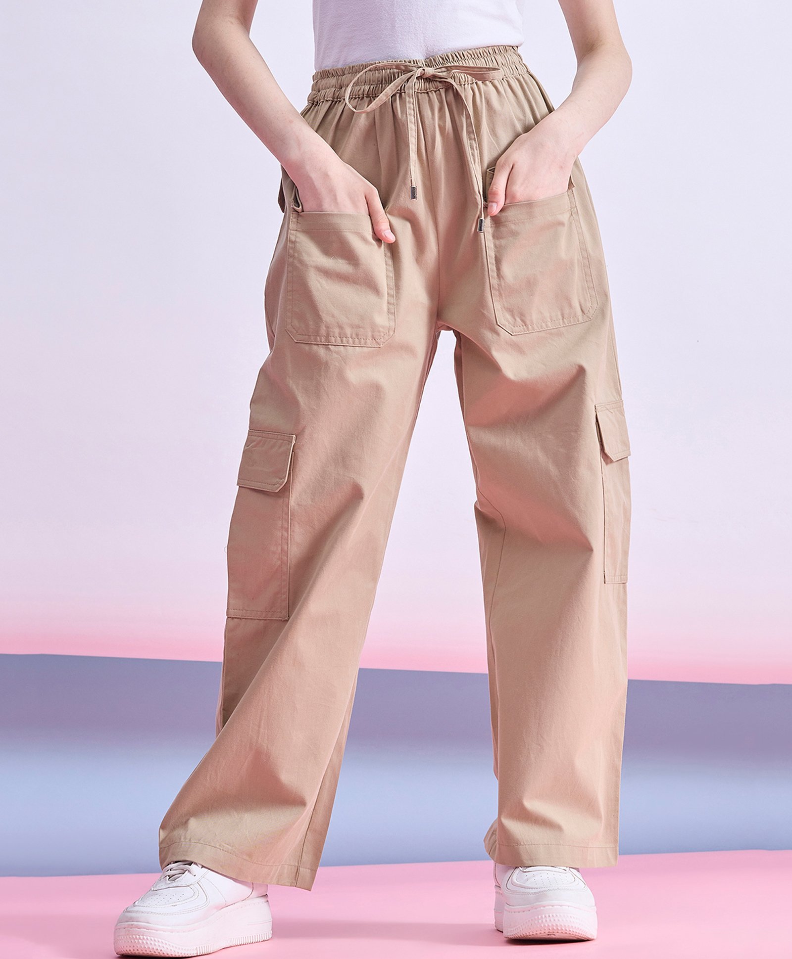 Stylo Bug Cotton Solid Cargo Pants - Beige-image-20