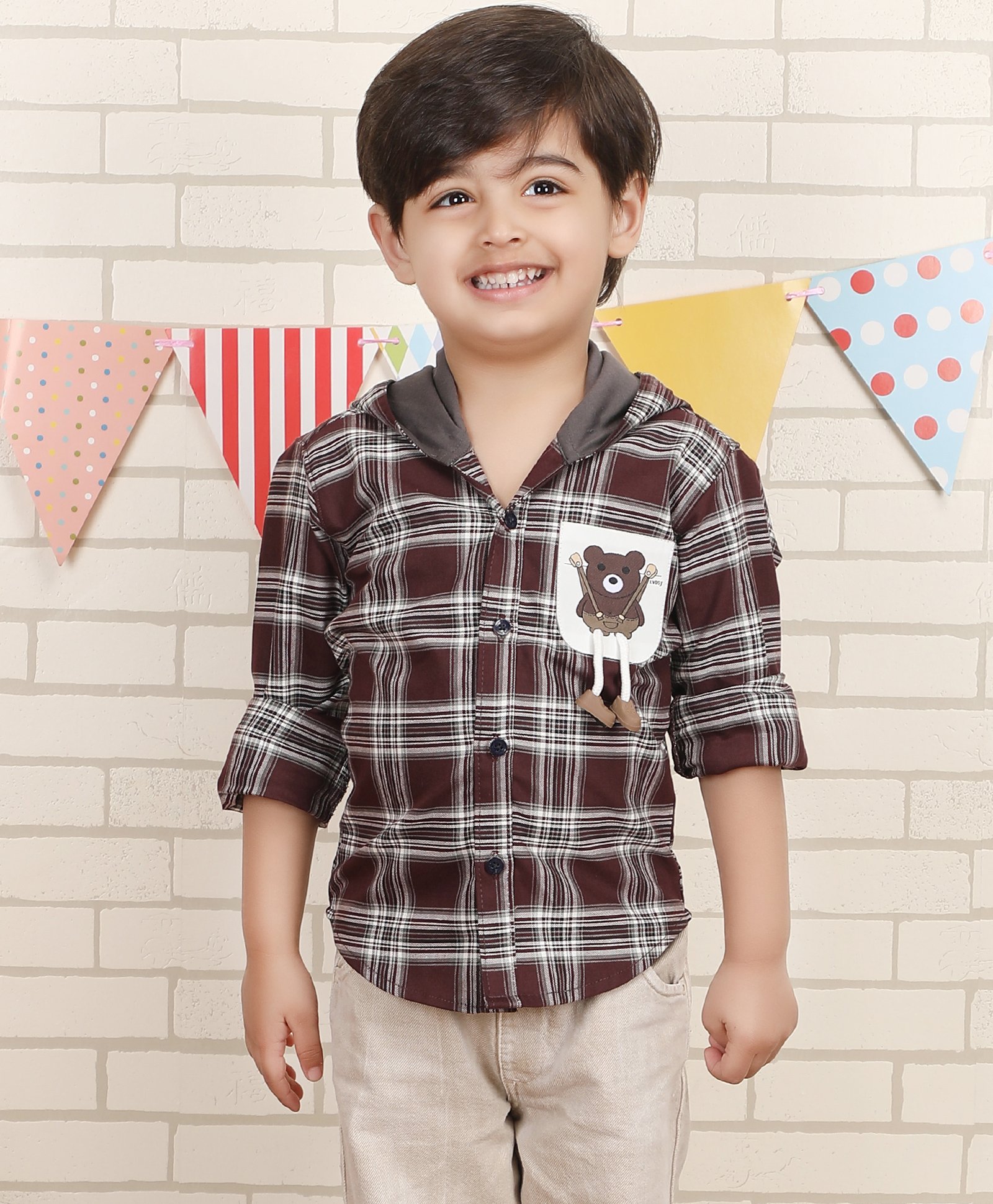 Polka Tots Cotton Full Sleeves Checked & Bear Patch Detailed Hooded Shirt - Brown-image-30