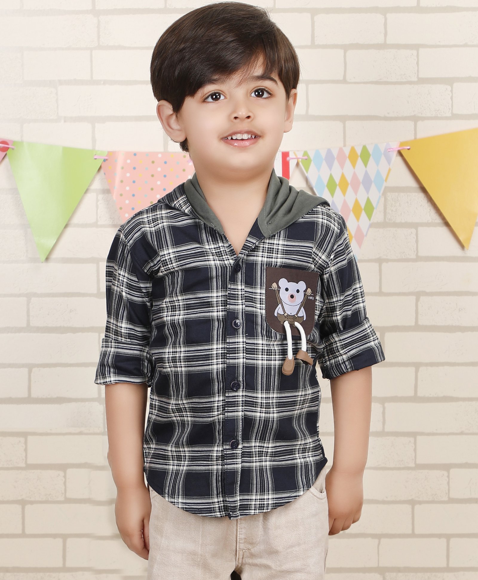 Polka Tots Full Sleeves Checked Teddy Patch Detailed Hooded Shirt - Navy Blue-image-45