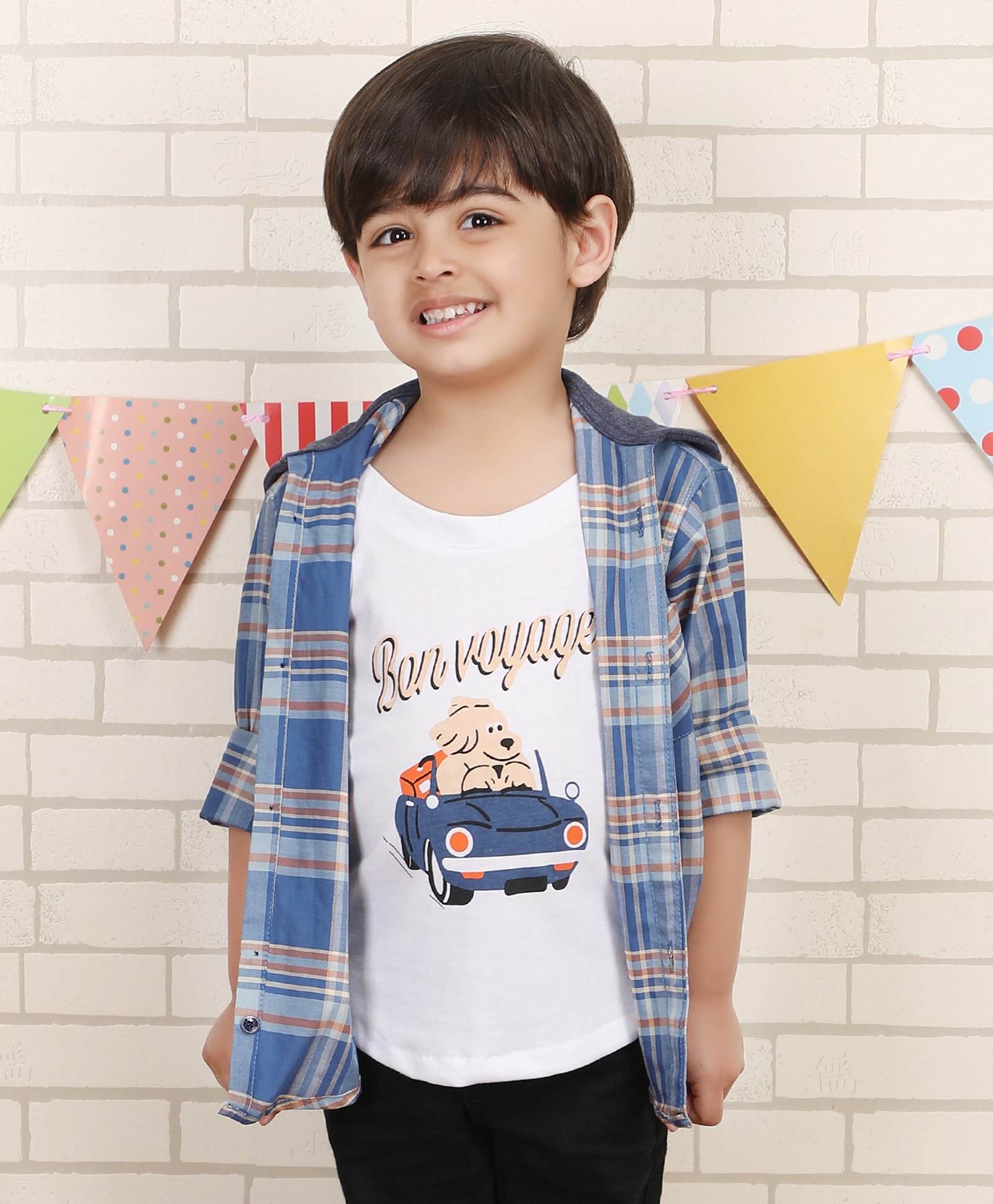 Polka Tots Cotton Full Sleeves Checked Hooded Shirt With Attached Tee - Blue-image-18