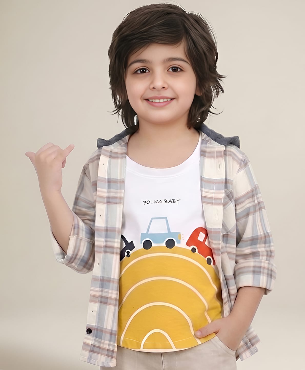 Polka Tots Cotton Full Sleeves Checked Hooded Shirt With Attached Tee - Cream-image-2
