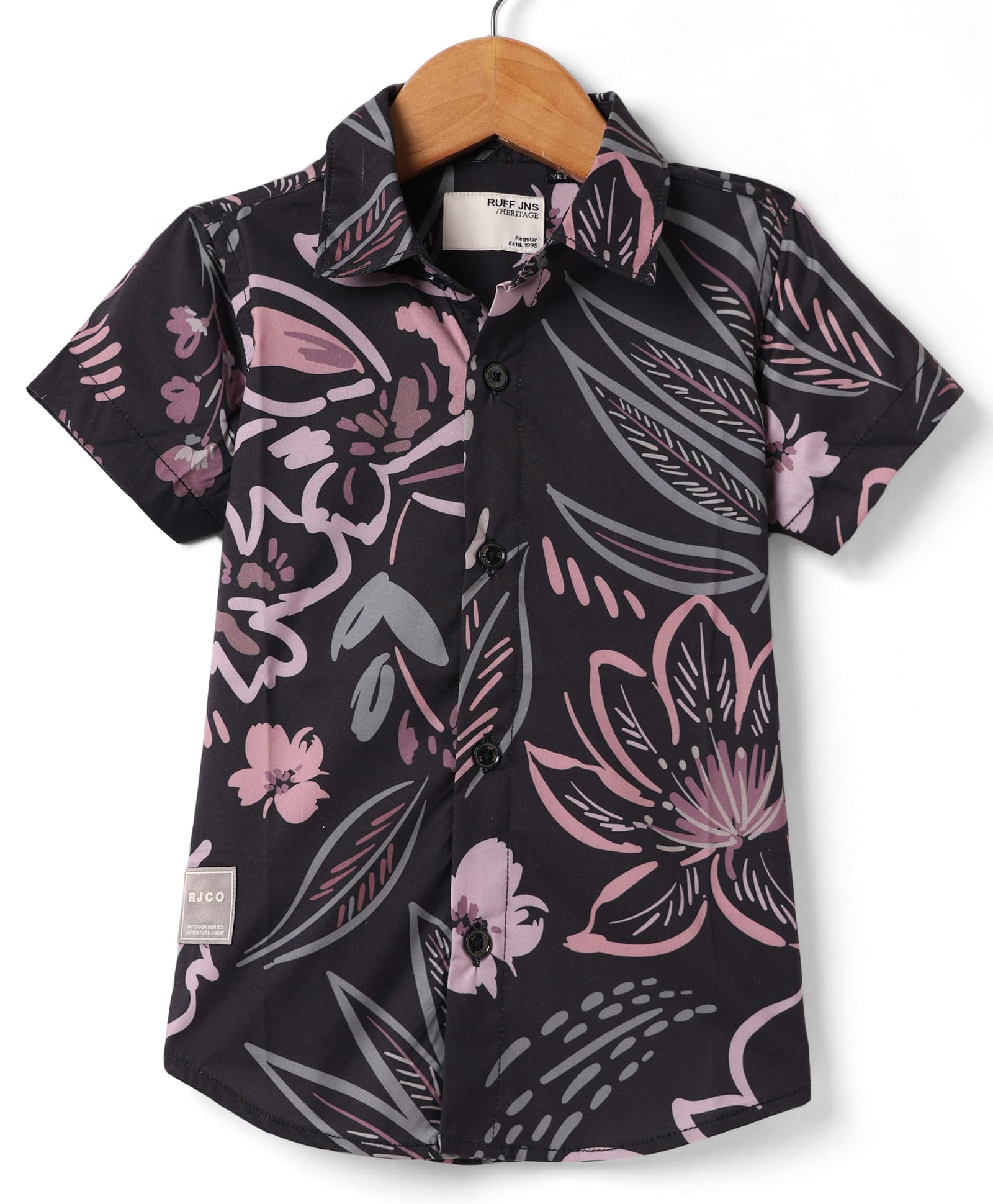 Ruff Satin Woven Half Sleeves Floral Printed Party Shirt - Peach & Black-picture-10