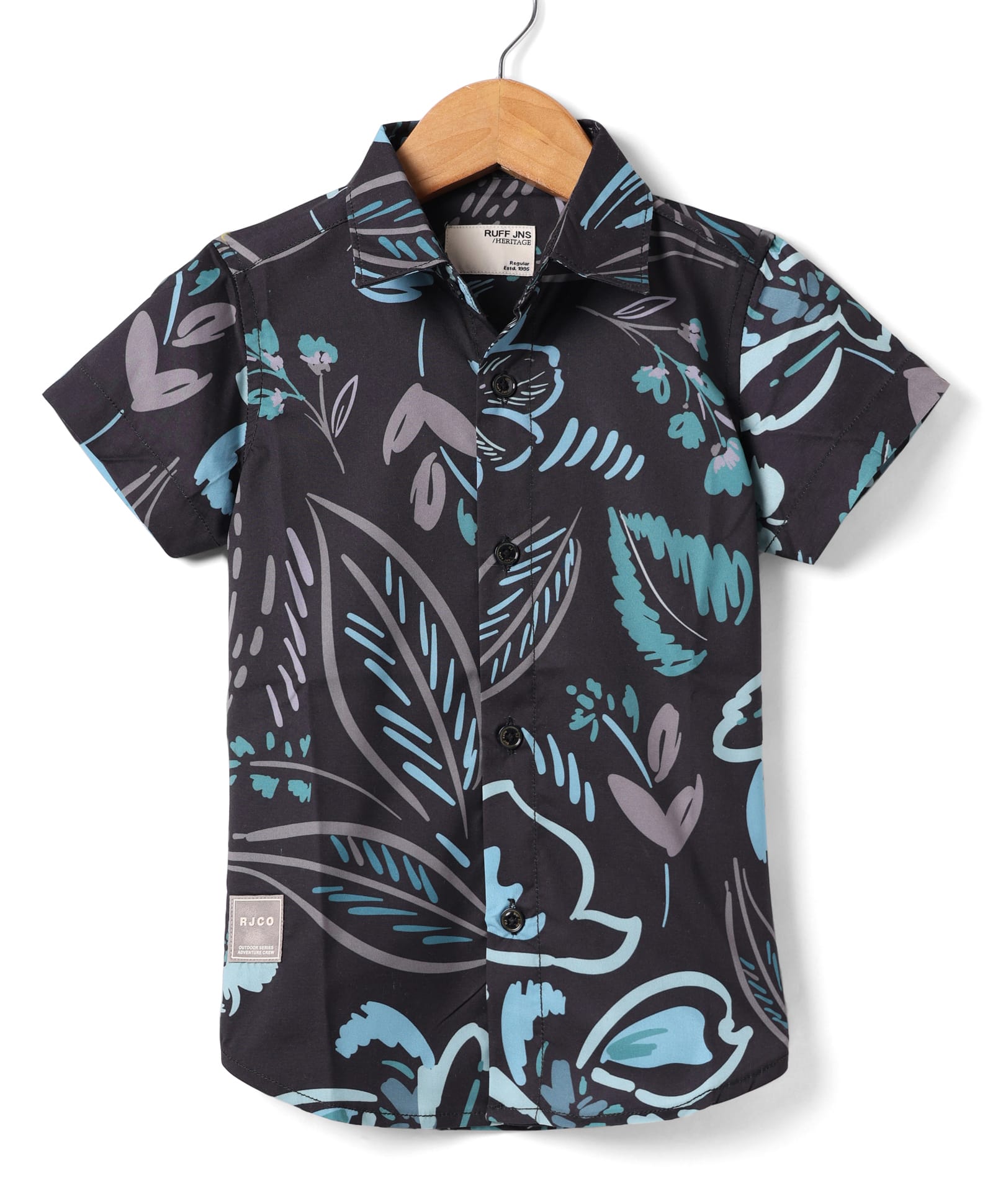 Ruff Satin Woven Half Sleeves Floral Printed Party Shirt - Teal Blue & Black-image-30