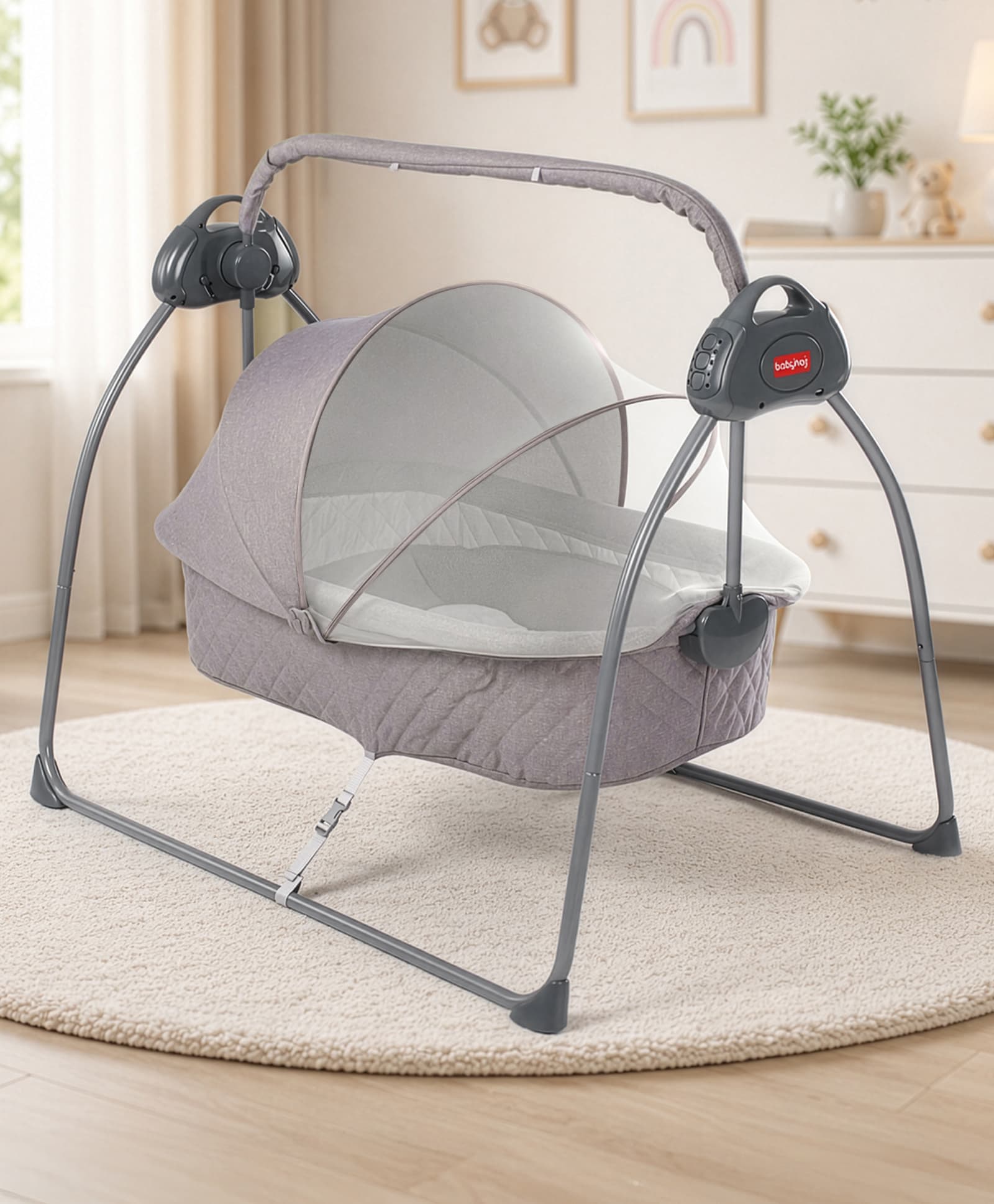 Babyhug Electric Cradle With Remote Control | 5 Swing Speeds| 4 Pre-set Off Timer| Built-in Music and AUX Facility| Compact Fold| Washable Fabric| Soft Padded Cushion| Mosquito Net - Grey-image-37