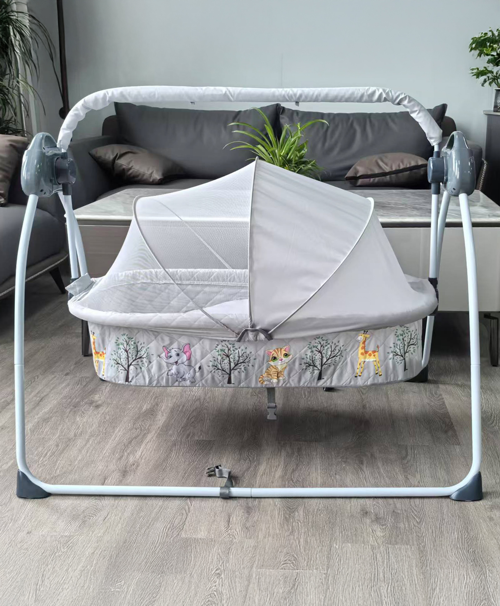 Babyhug Electric Cradle With Remote Control | 5 Swing Speeds| 4 Pre-set Off Timer| Built-in Music and AUX Facility| Compact Fold| Washable Fabric| Soft Padded Cushion| Mosquito Net - Light Grey