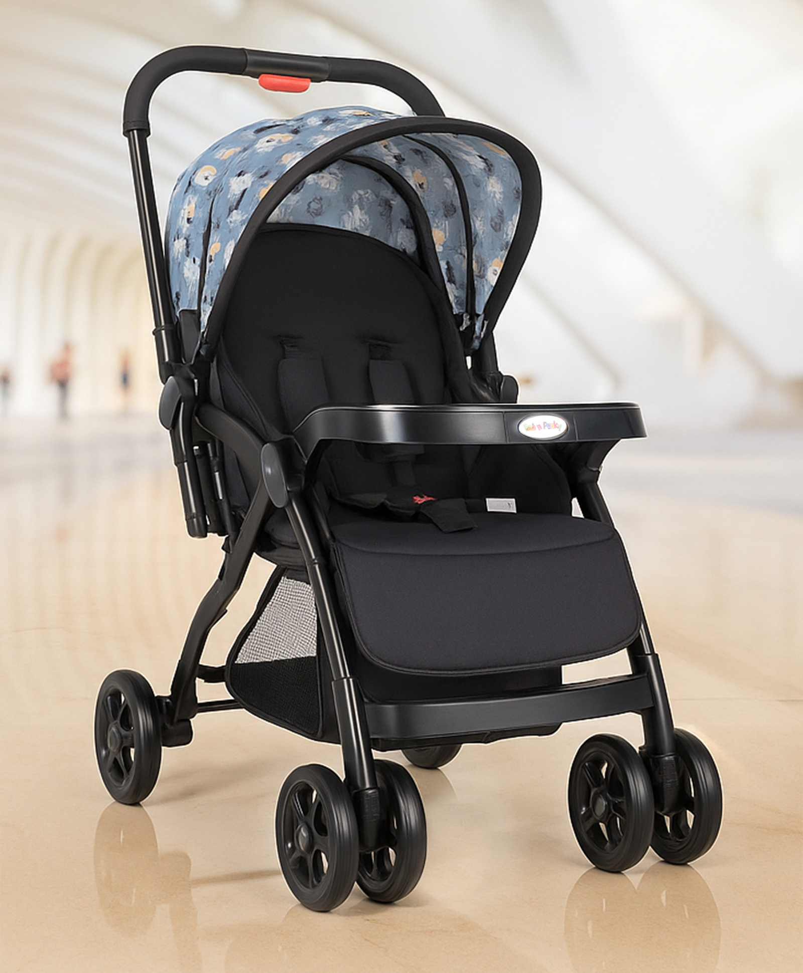Baby Stroller with 5-Point Safety Harness Animal Print - Grey| Padded Cushioned Seat| Multi-Level Backrest Recline| Single Hand Fold| Linked Brake| Food Tray with Cup Holder| Reversible Handle-image-26
