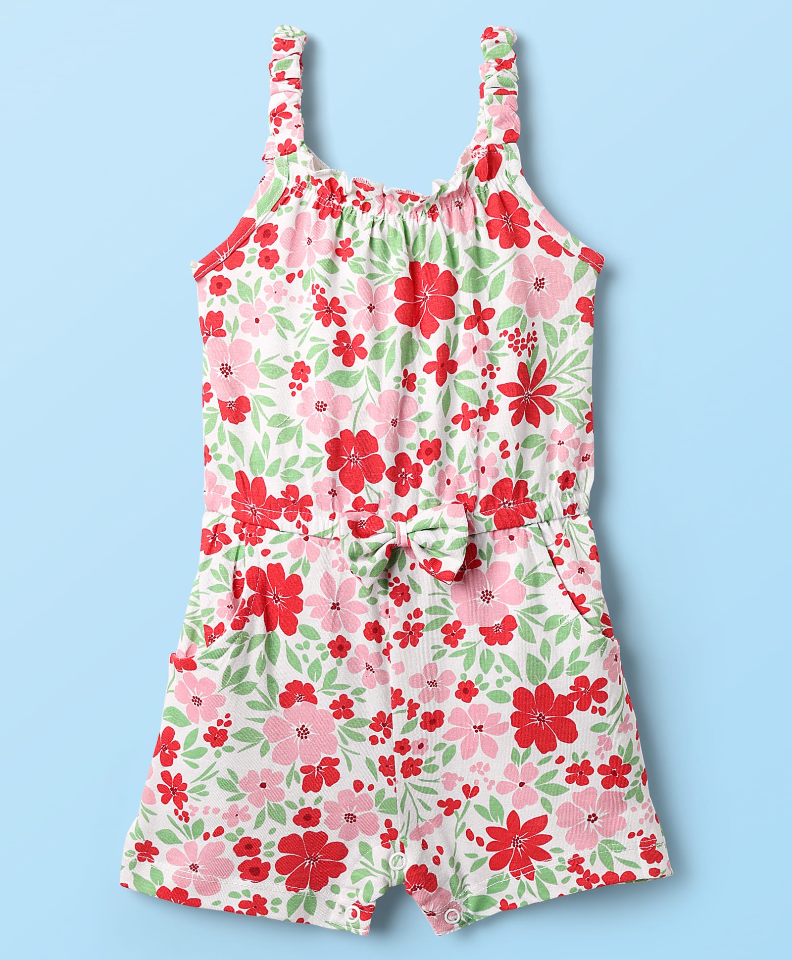 Babyhug Cotton Knit Sleeveless Jumpsuit With Floral Print & Bow Applique - White-picture-18