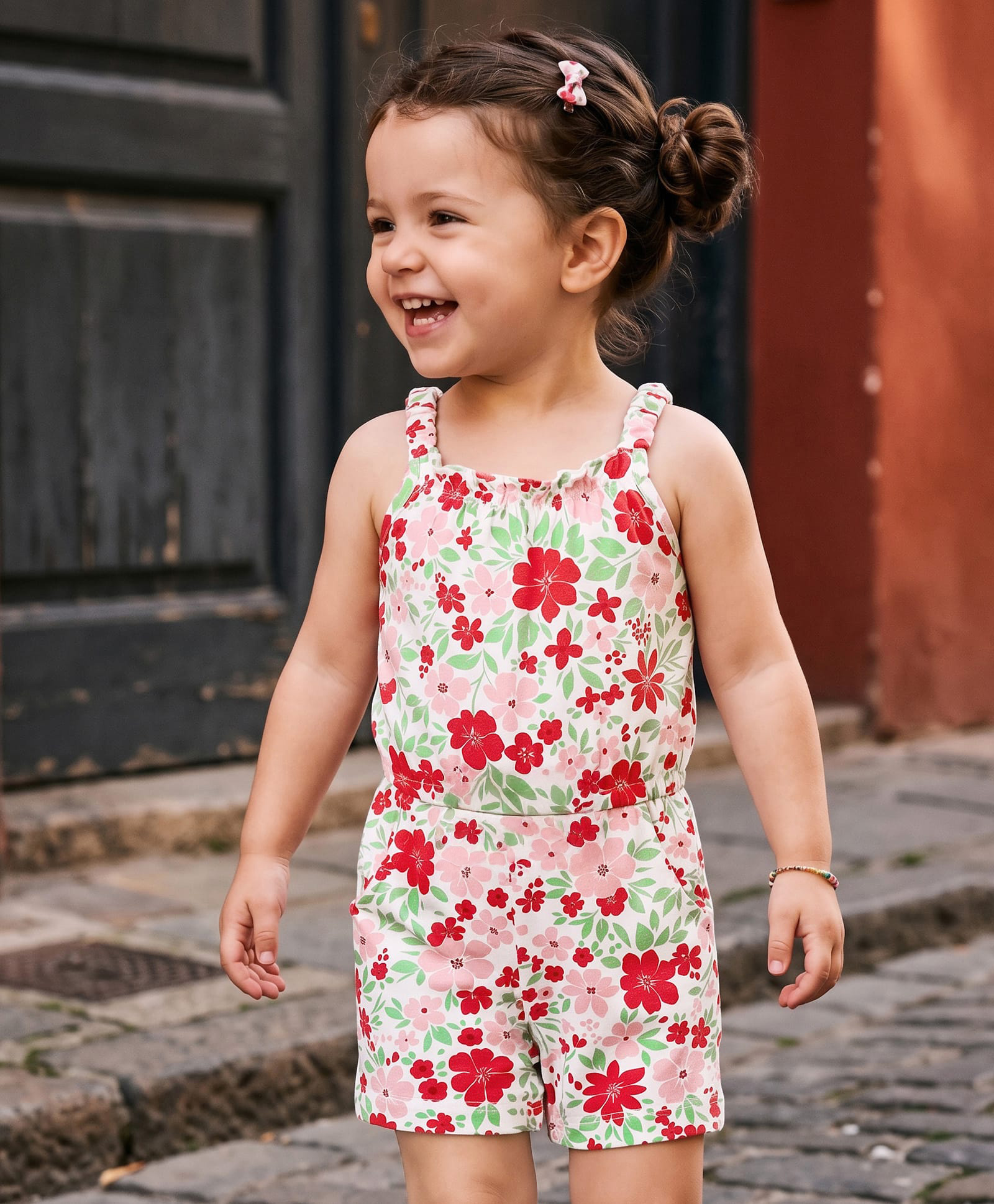 Babyhug Cotton Knit Sleeveless Jumpsuit With Floral Print & Bow Applique - White-image-36