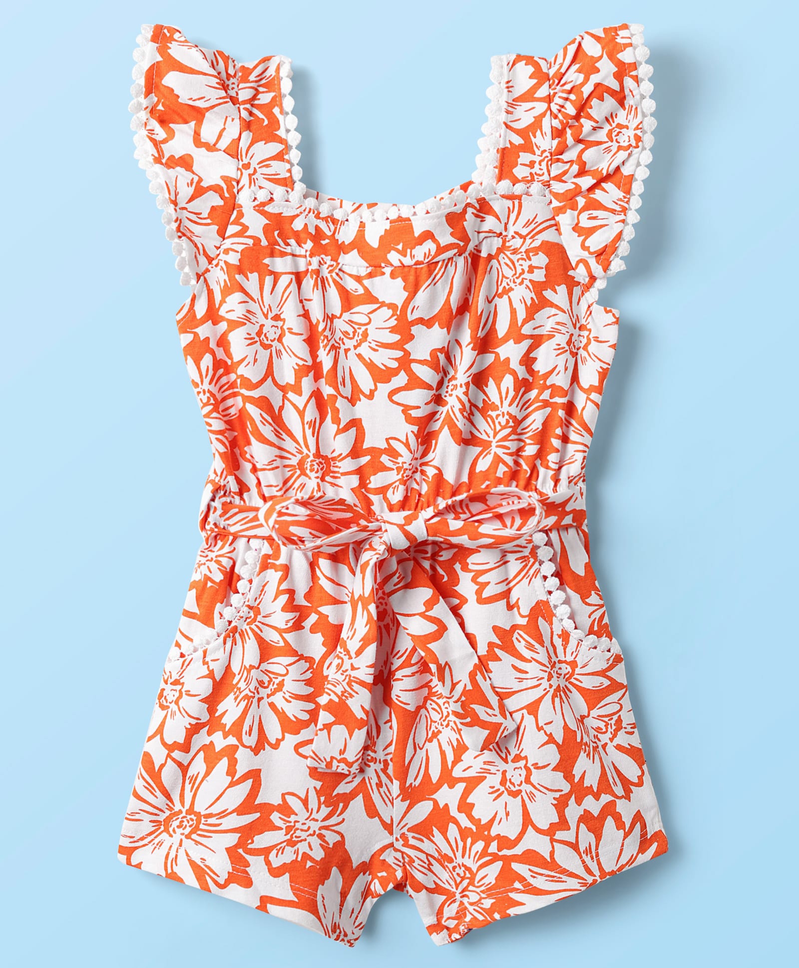 Babyhug Cotton Knit Frill Sleeves Jumpsuit With Floral Print & Fabric Belt - Orange-image-27