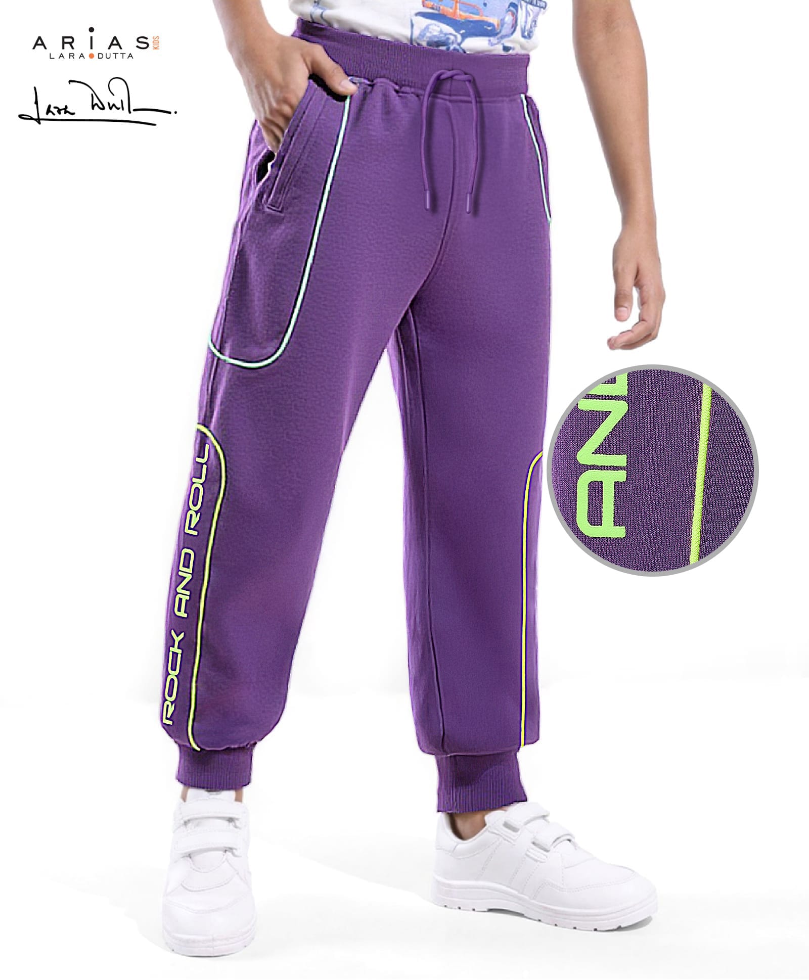 arias by lara dutta Arias Cotton Looper Knit Full Length Text Printed Lounge Pant with Tape Detailing - Purple-picture-22