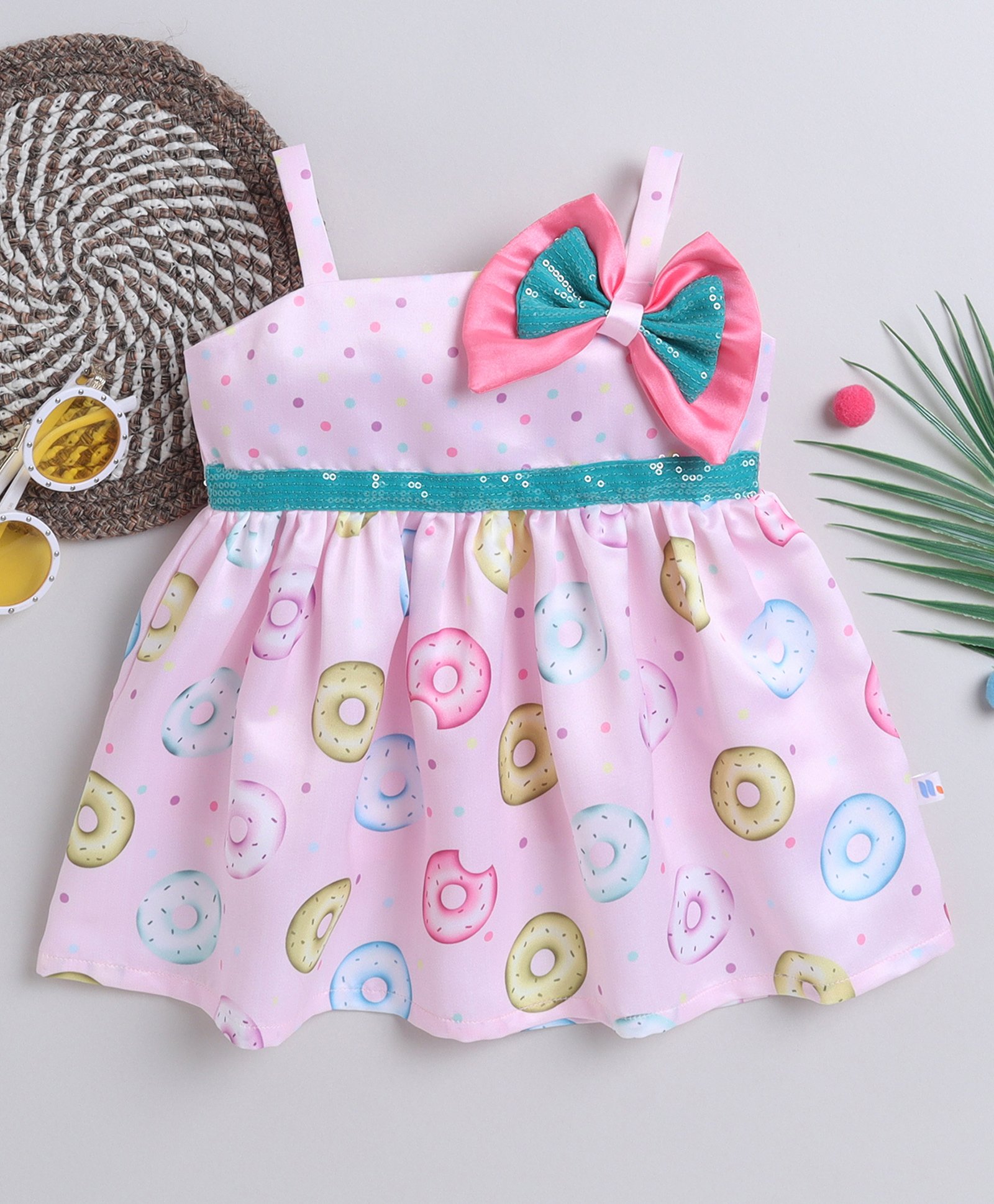Many frocks & Satin Sleeveless Polka Dots & Donuts Printed Bow Applique Detailed Sequins Embellished Dress - Light Pink-image-41