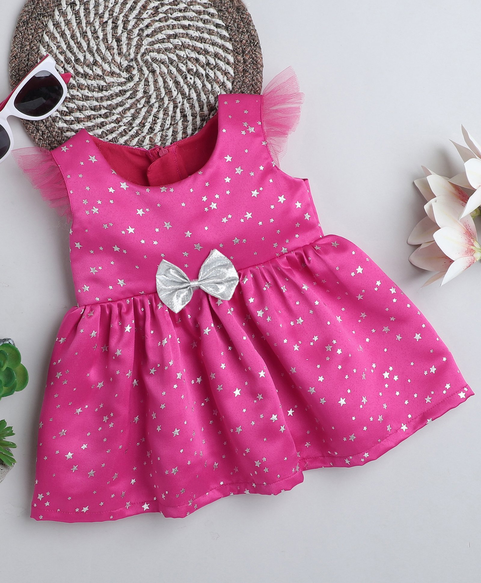 Many frocks & Satin Cap Sleeves Foil Star Printed & Bow Embellished Dress -Pink-image-31