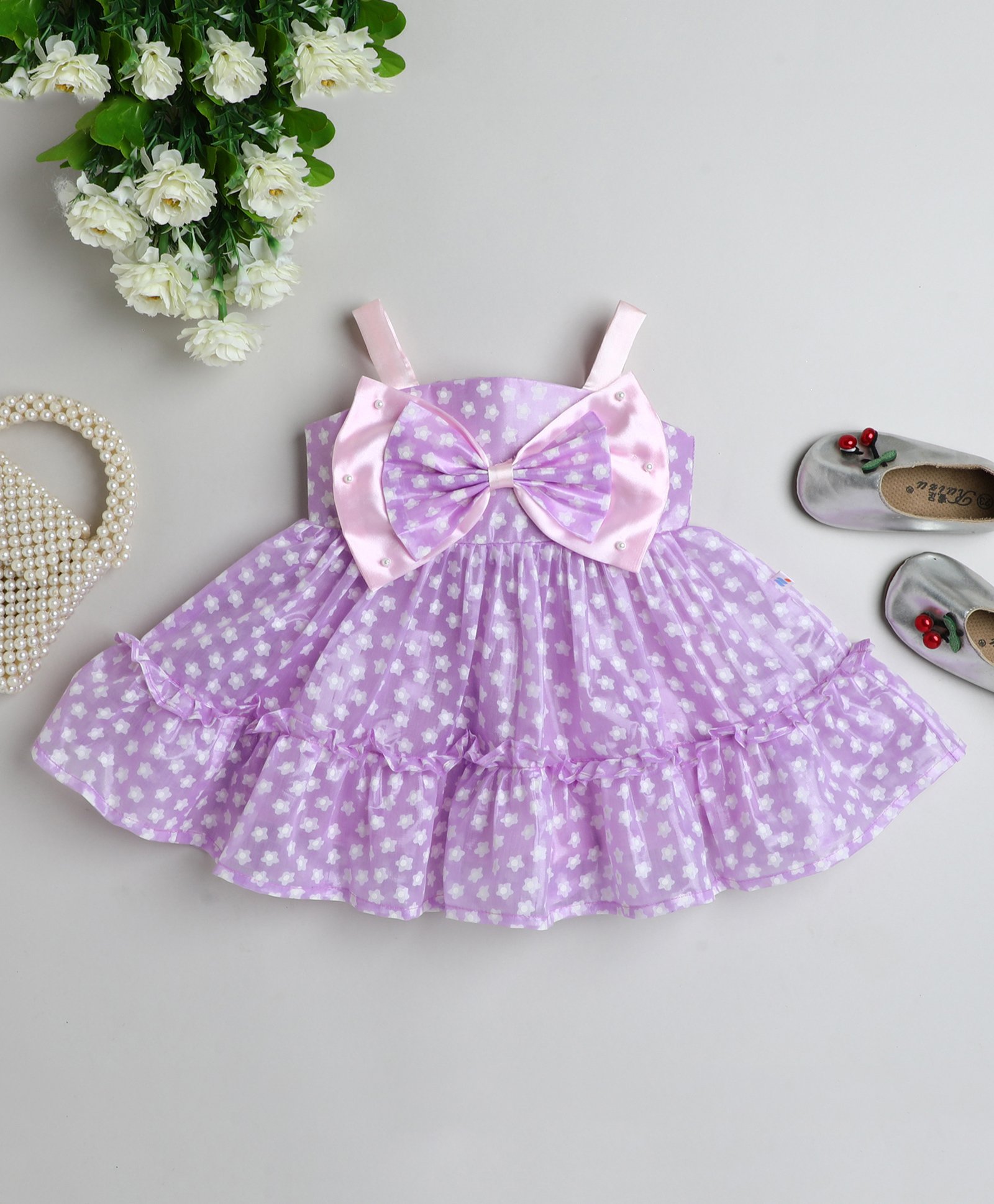 Many frocks & Tissue Sleeveless Double Bow Applique Detailed & Floral Printed Dress - Purple-image-49
