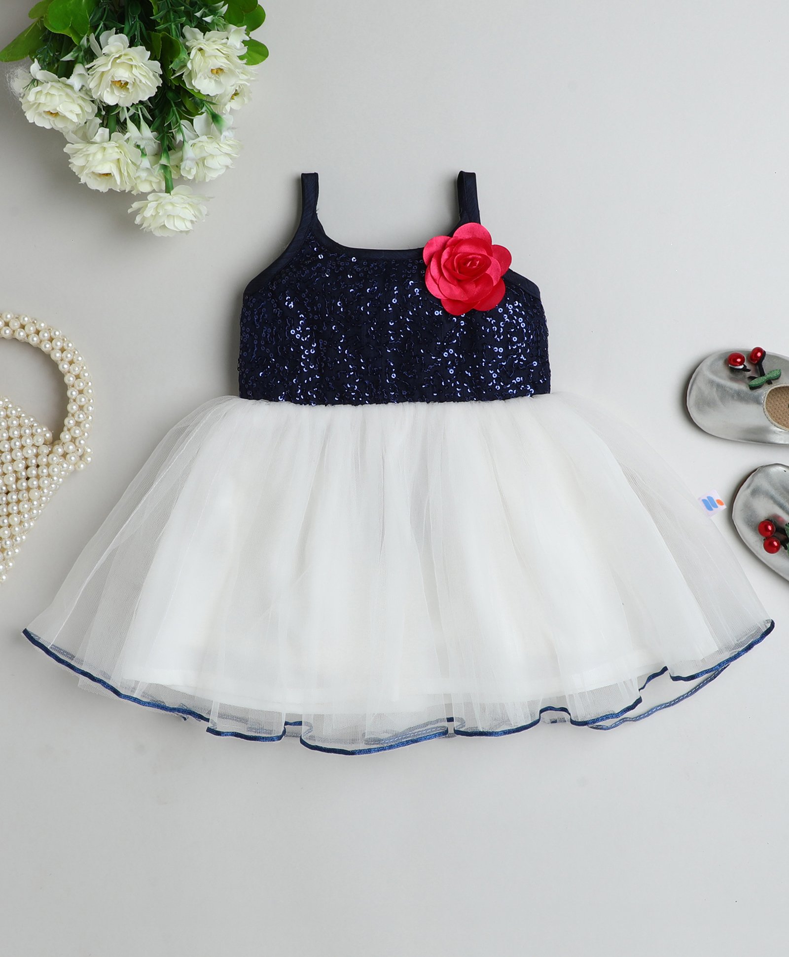 Many frocks & Net Sleeveless Sequin Embellished & Floral Applique Detailed Dress - Blue & White-image-45