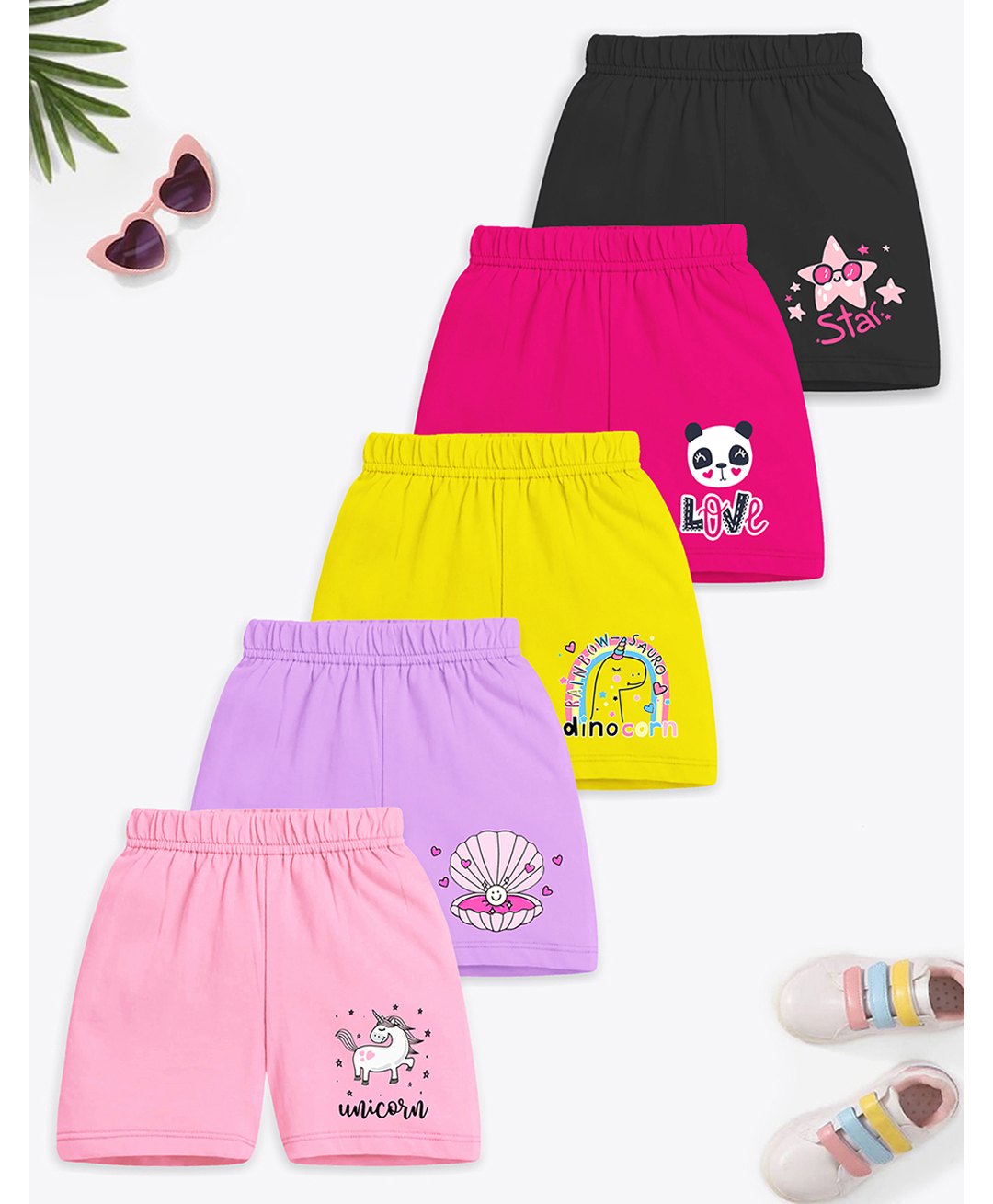 Trampoline Cotton Blend Pack Of 5 Star & Panda Printed Shorts - Multi Colour-picture-39