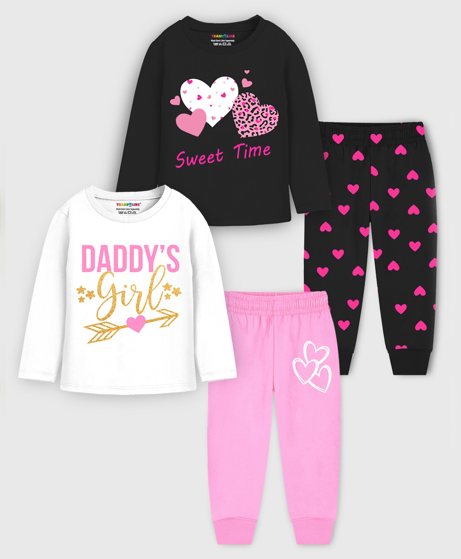 Trampoline Cotton Blend Pack Of 2 Full Sleeves Daddy Girl Text & Hearts Printed Coordinating Tees & Pajamas Set - Black & Pink-image-33