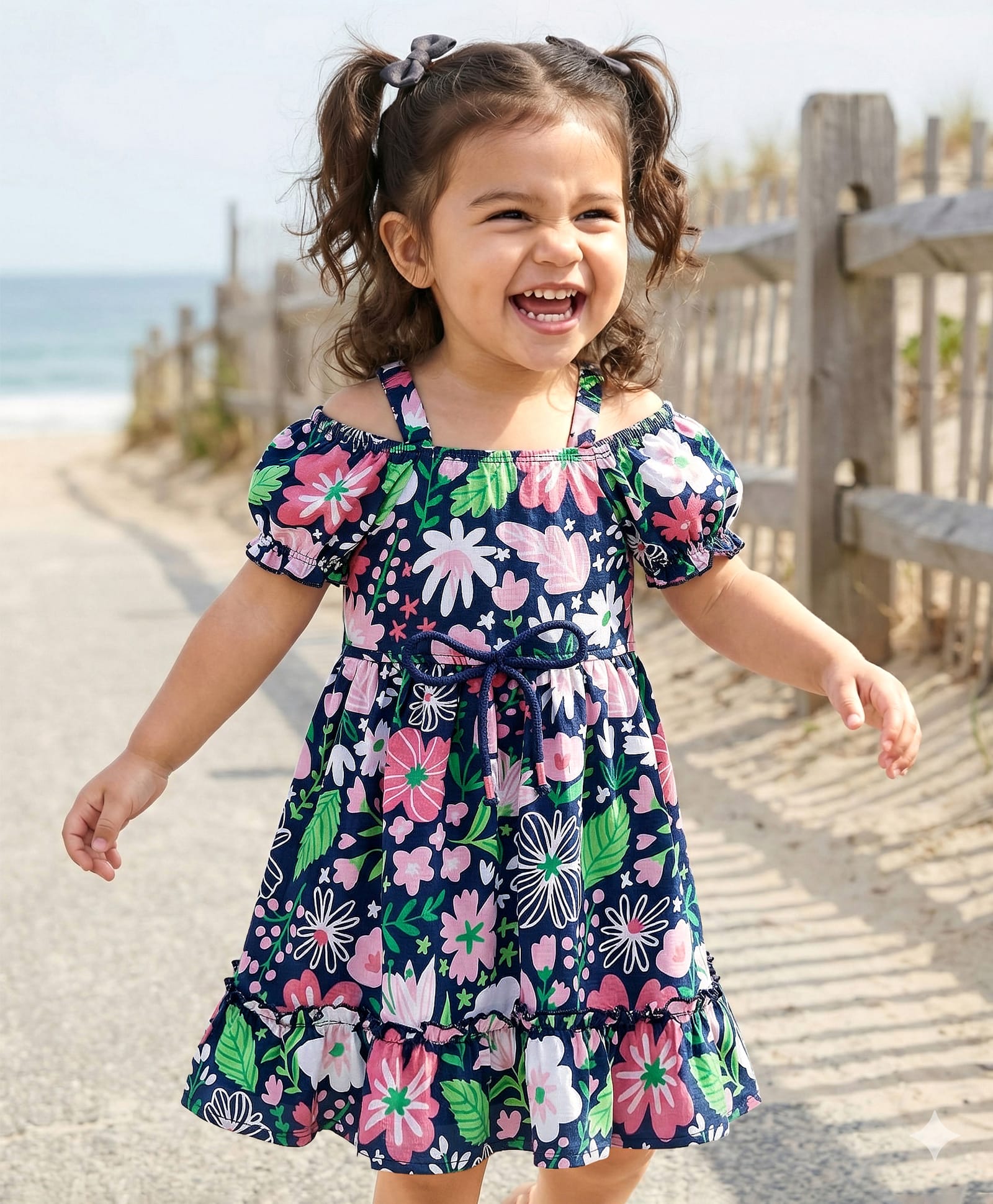 Babyhug Cotton Knit Cold Shoulder Sleeves Frock With Floral Print & Bow Applique - Navy Blue-image-24