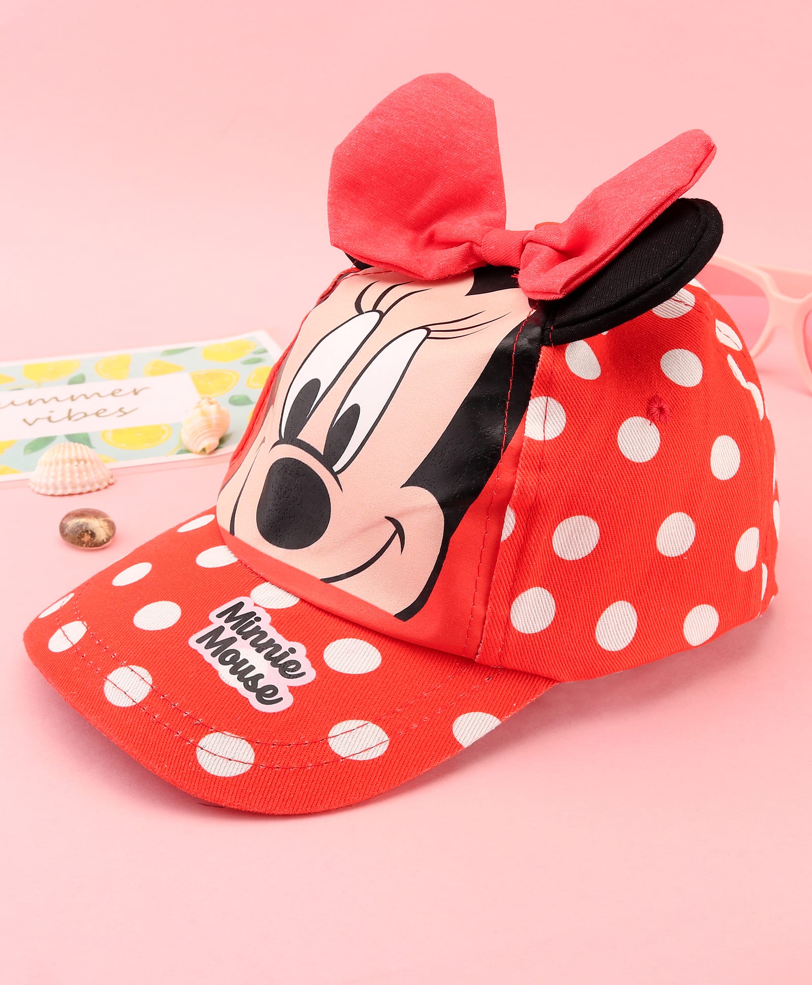 Babyhug Disney Cotton Woven Summer Cap with Minnie Mouse Family Graphics & 3 D Ear Applique Red - Diameter - 16 cm