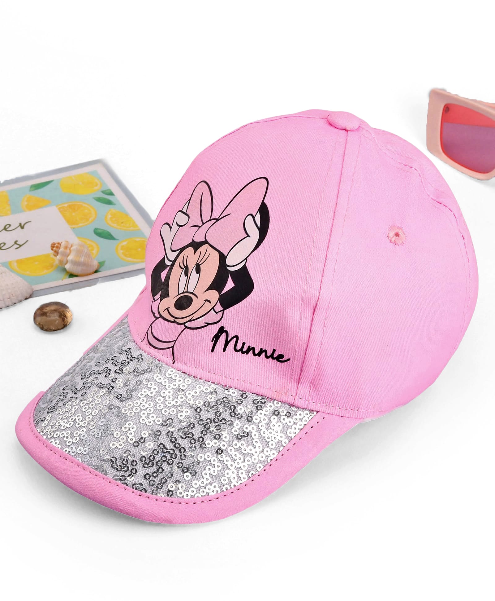 Babyhug Disney Cotton Woven Summer Cap With Minnie Mouse Family Graphics & Sequin Detailing Pink - Diameter 14.5 cm