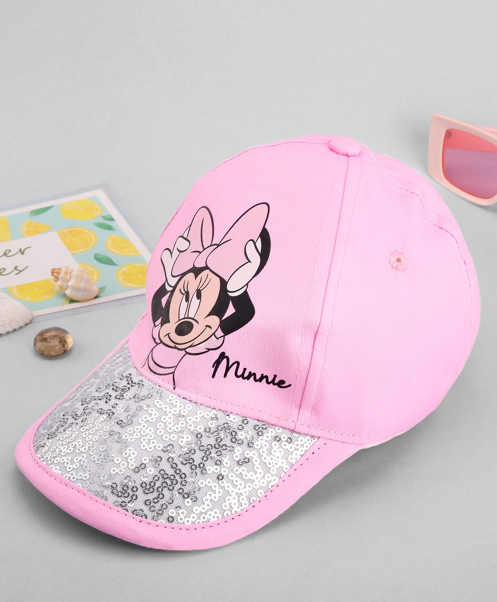 Babyhug Disney Cotton Woven Summer Cap With Minnie Mouse Family Graphics & Sequin Detailing Pink - Diameter 14 cm