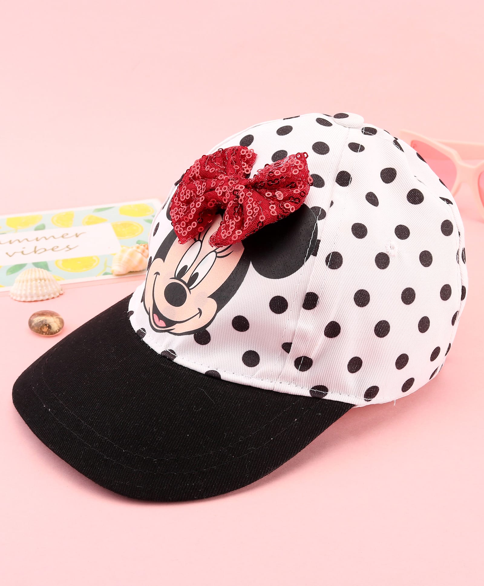 Babyhug Disney Cotton Woven Summer Cap with Minnie Mouse Family Graphics & Bow Detailing Black & White - Diameter 16 cm