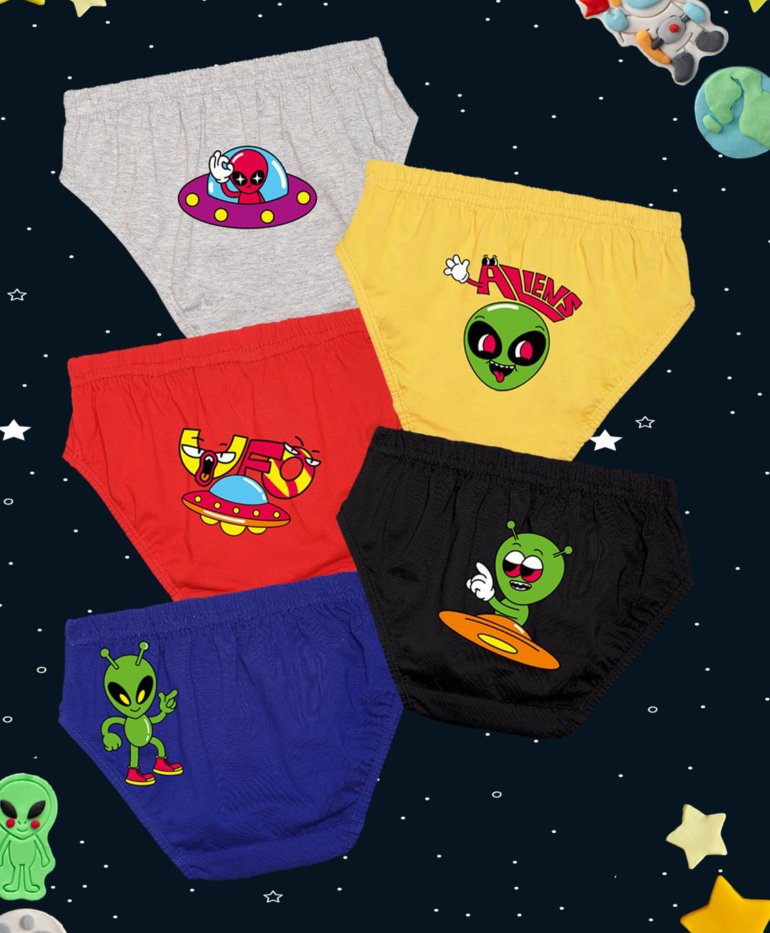 NUSYL Cotton Pack Of 5 Alien & UFO Printed Briefs- Grey Red Royal Blue Yellow & black-picture-21