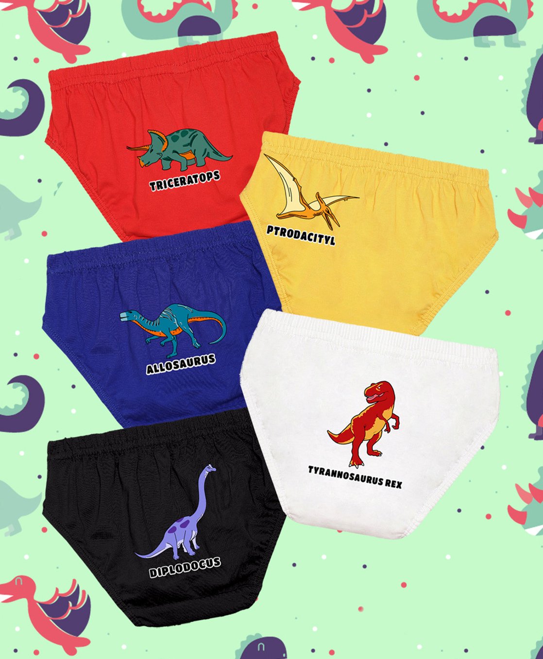 NUSYL Cotton Pack Of 5 Dinosaurs Printed Briefs - White Royal Blue Black Red & Yellow-image-24