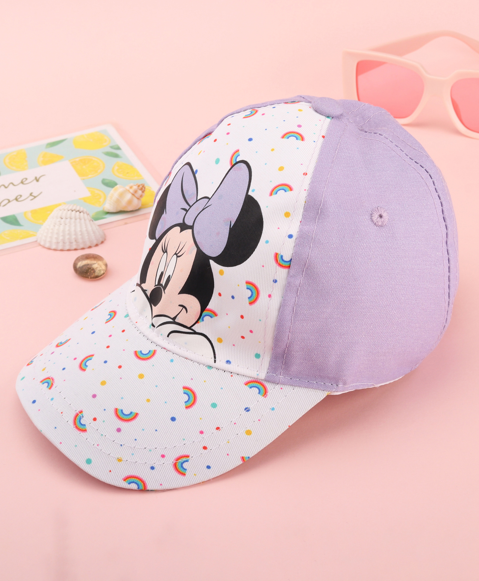 Babyhug Disney Cotton Woven Summer Cap with Minnie Mouse Graphics White & Lilac - Diameter 15.5 cm