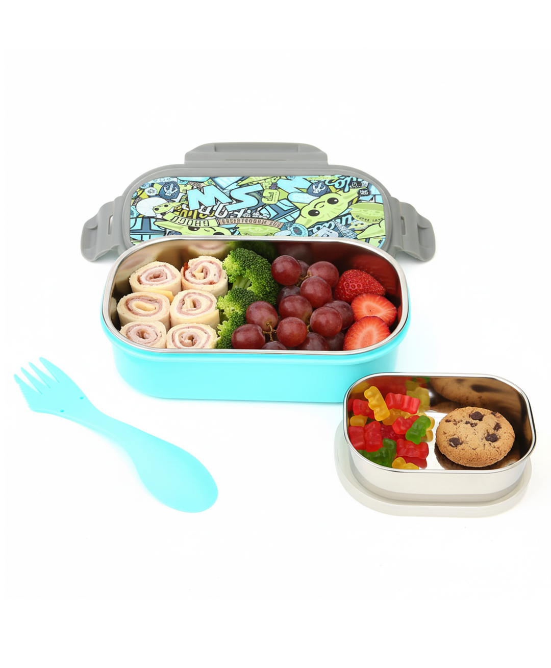 Gluman Lunch Box with 3D Grogu Inner Container & Spoon - Light Blue-image-13