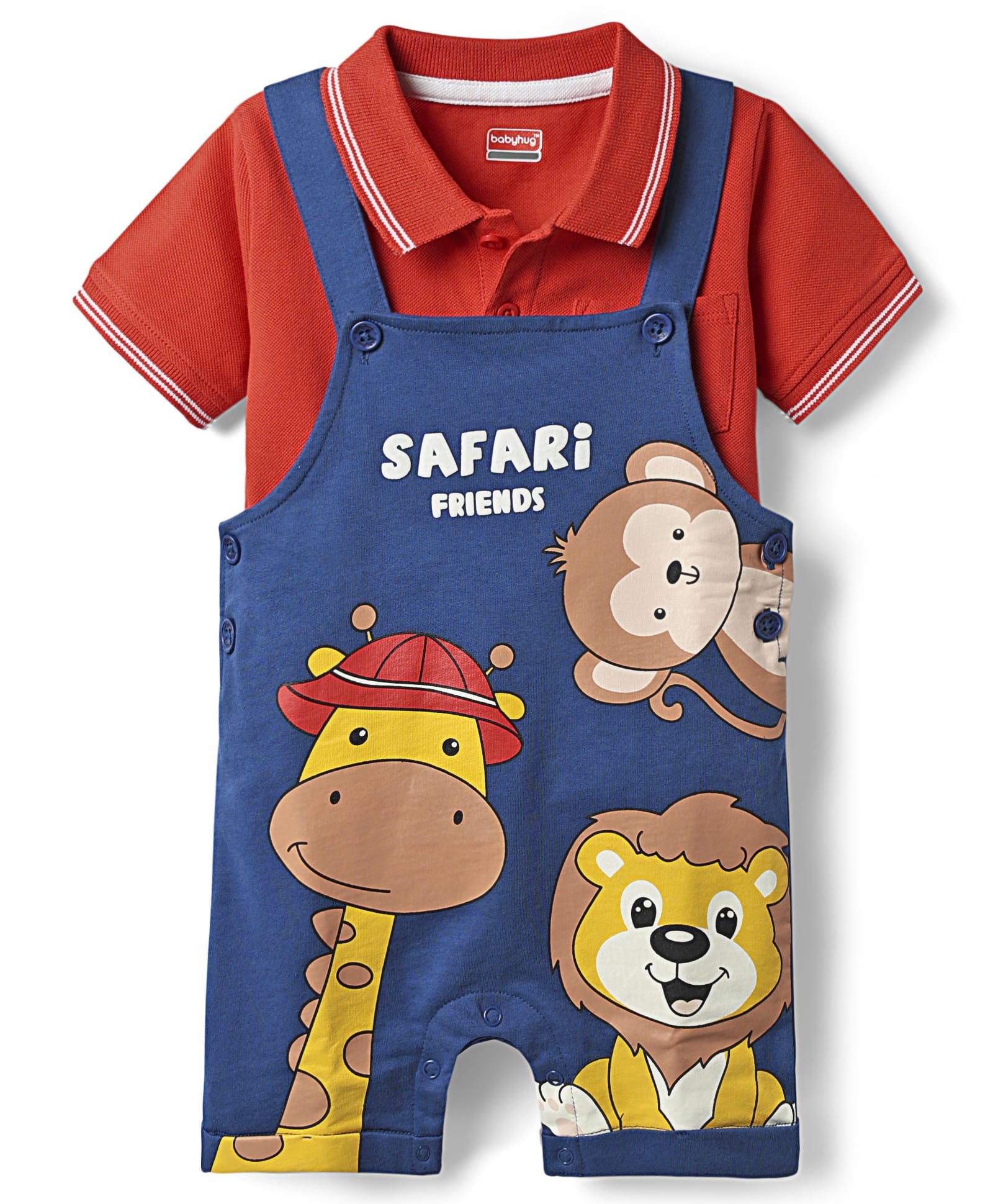 Babyhug Single Jersey Knit Half Sleeves Polo T-Shirt & Dungaree With Animal Print - Red & Blue