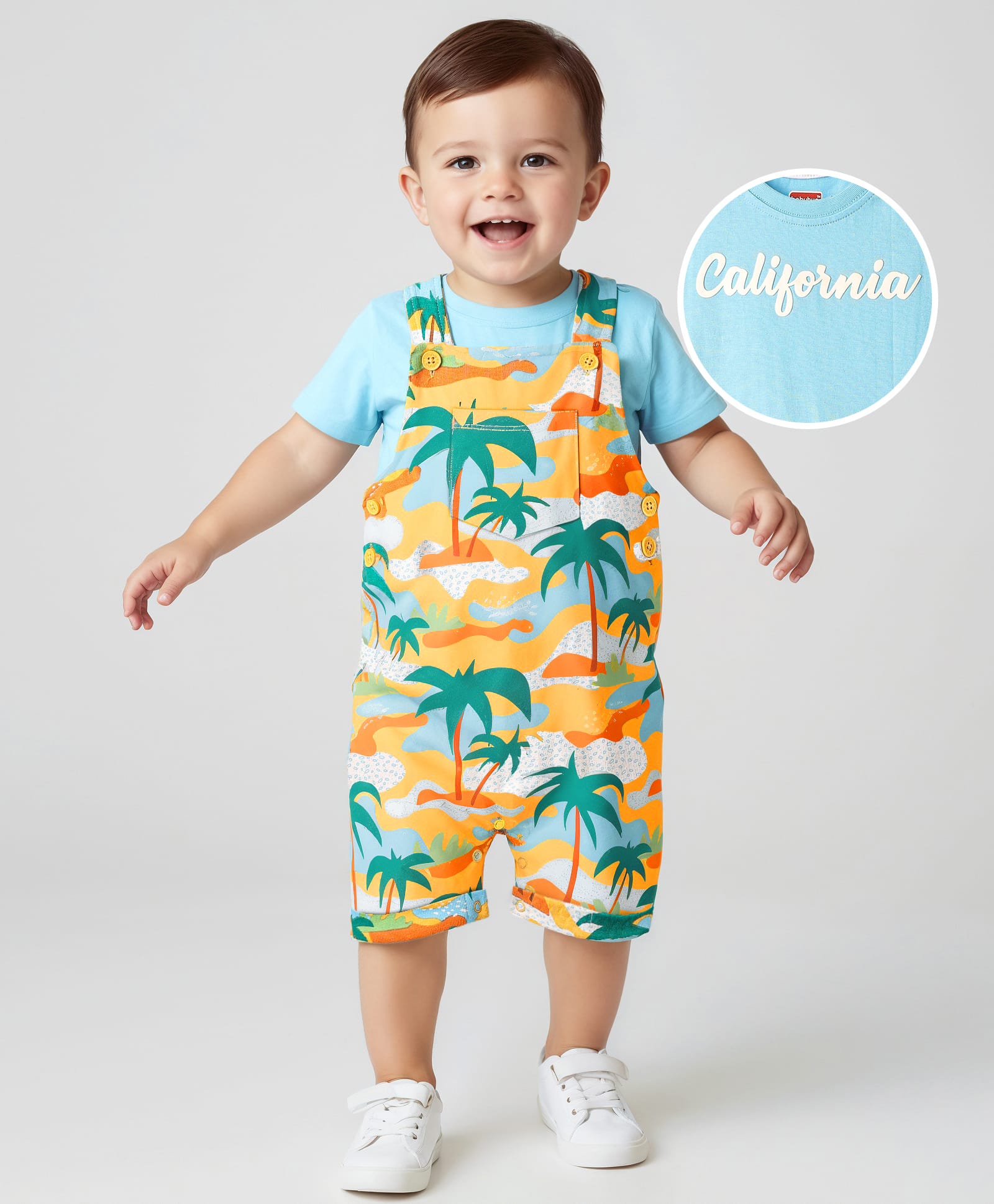 Babyhug Single Jersey Knit Half Sleeves T-Shirt & Dungaree with Beach Print - Light Blue-image-15