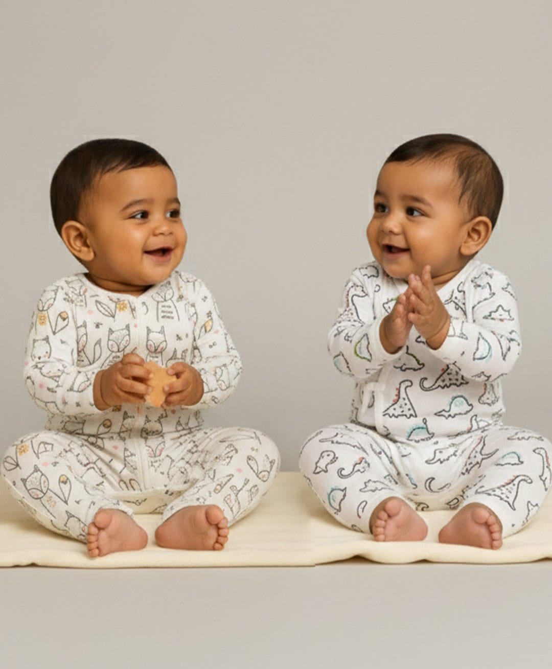 The Mom Store Pack Of 2 Full Sleeves Dinosaur & Fox Printed Rompers - White-picture-3