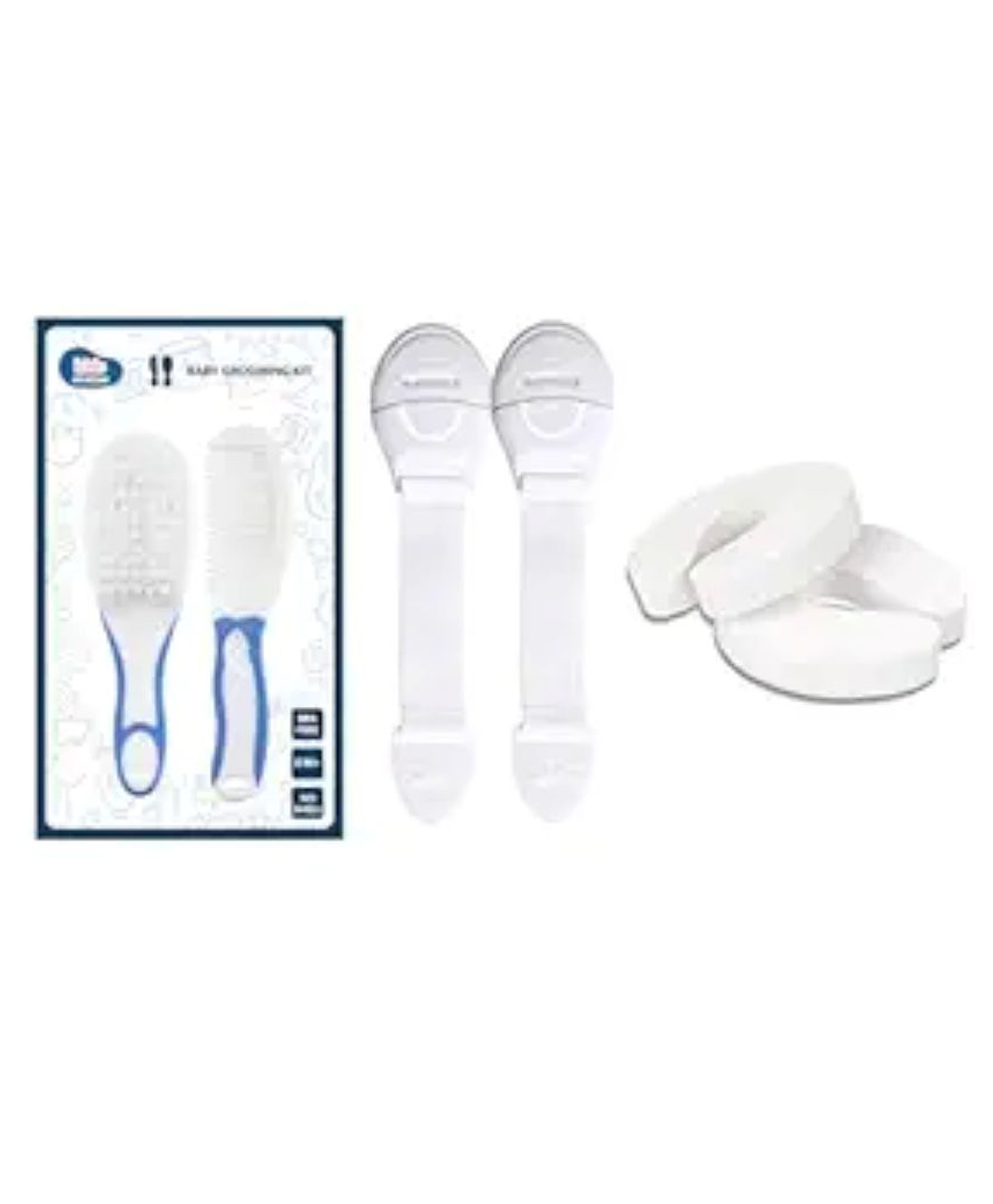 Kids Station Baby Safety Lock. Baby Proofing Finger Pinch Door Guard and Grooming Kit Combo Pack for Kids, Babies & Pet Safety (Multi, 2 Lock White+2 Door Stopper+1 Grooming Kit Blue)-image-2